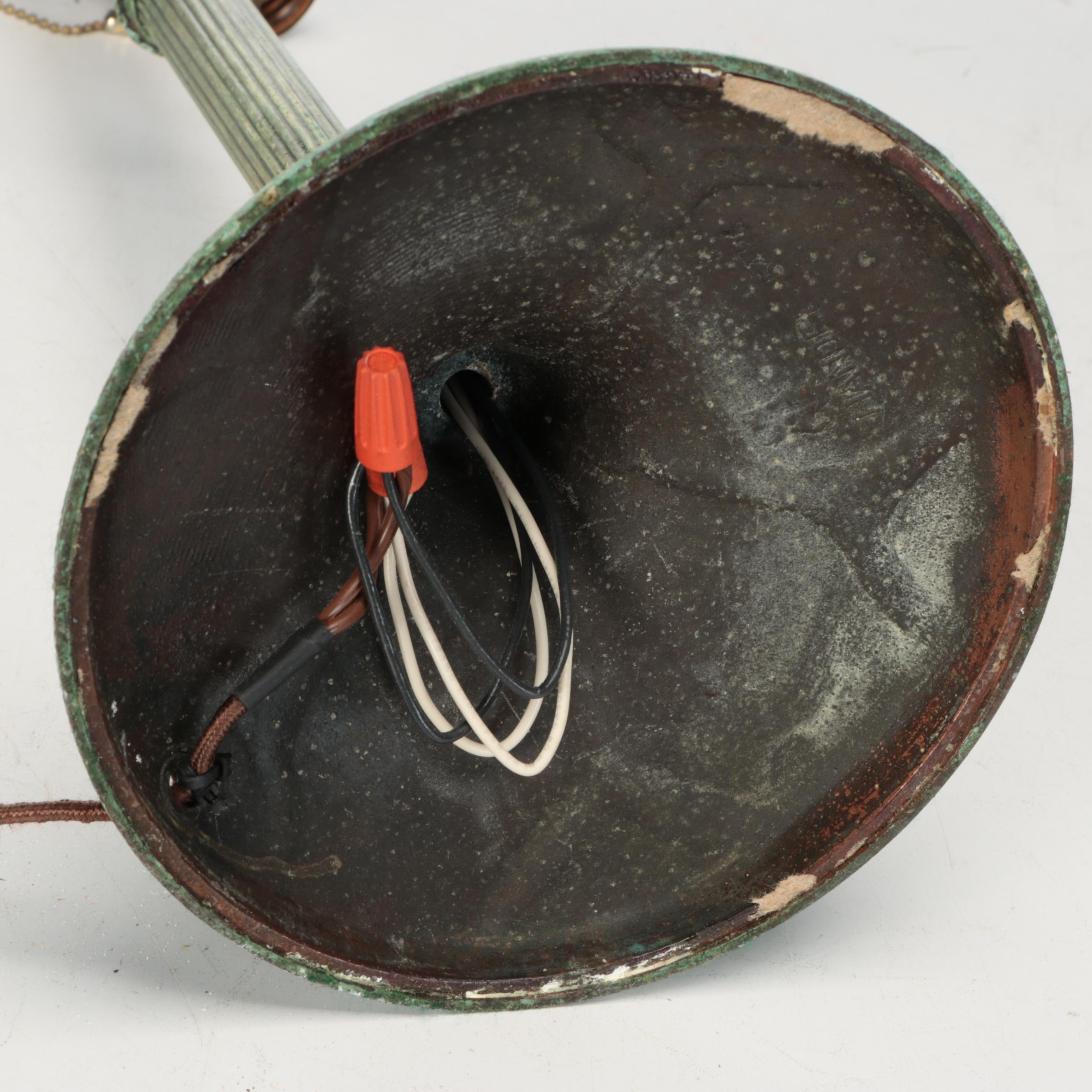 Arts and Crafts Style Verdigris Metal Table Lamp with Slag Glass Panel Shade