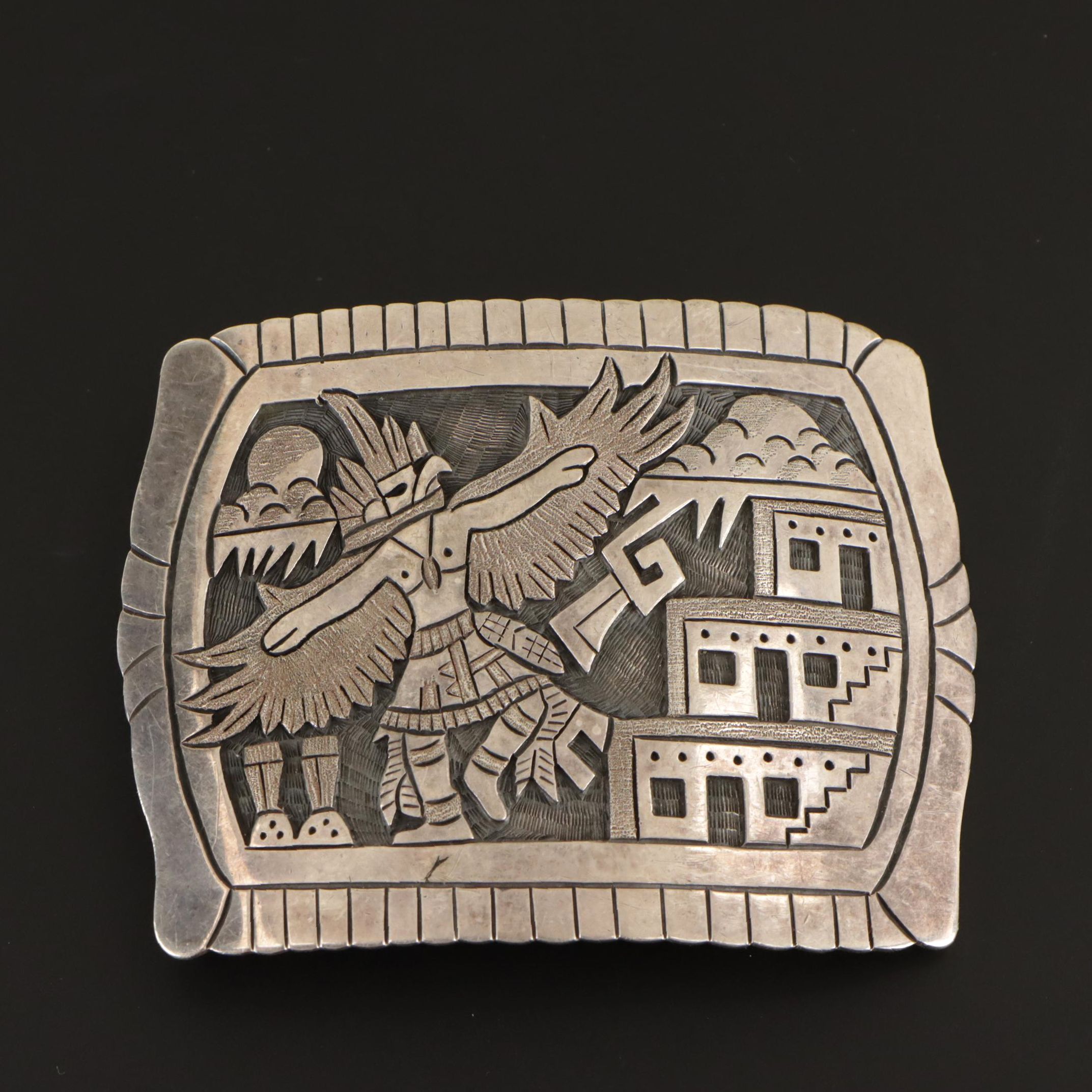 Signed Hopi Eagle Dancer Sterling Silver Overlay Belt Buckle