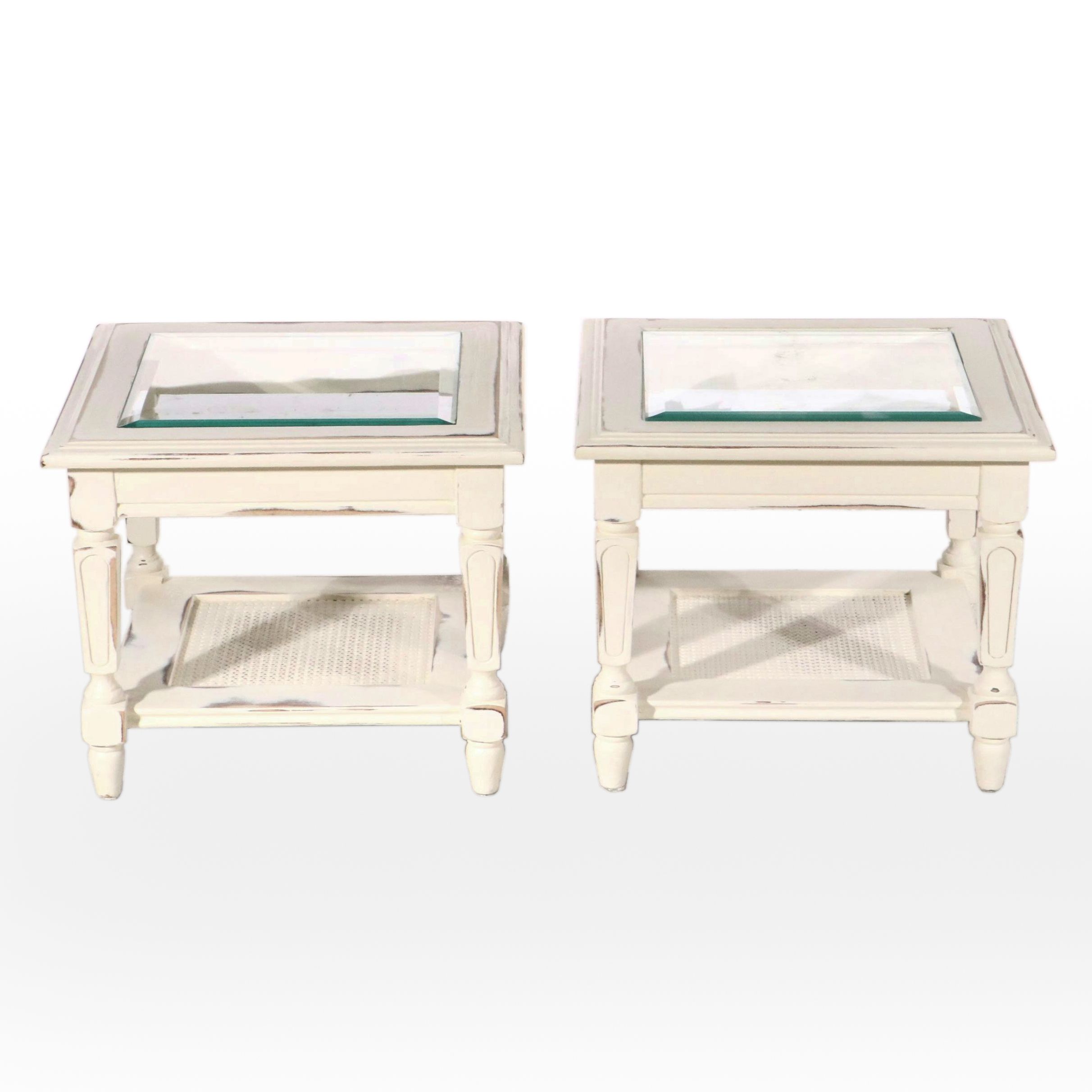 Pair of  Glass-Top Painted Wood Side Tables