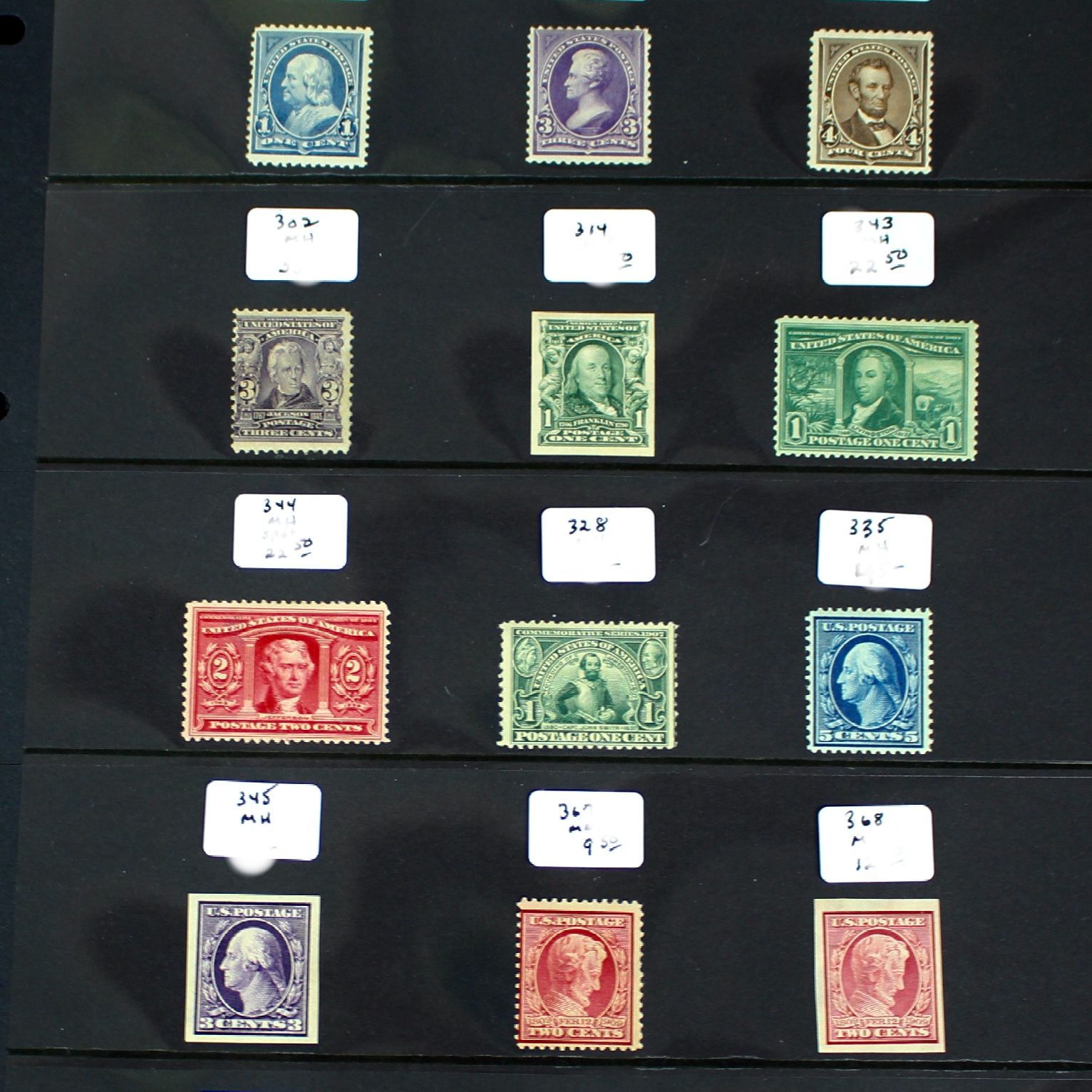 Fifteen Mint Hinged U.S. Postage Stamps, Scott 247 to 396