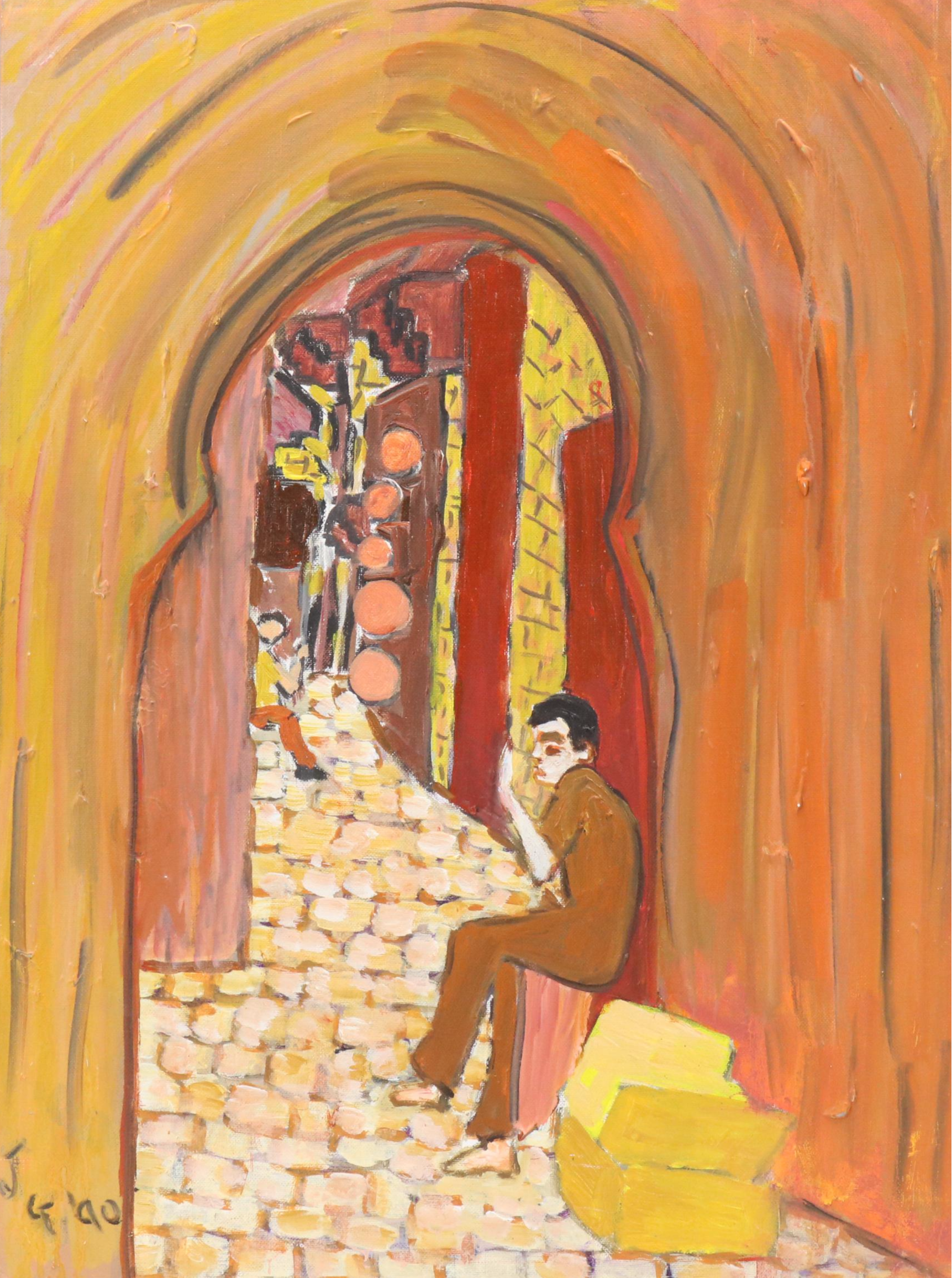 Janice Guttman Stylized Architectural Acrylic Painting "Casbah, Morocco," 1990