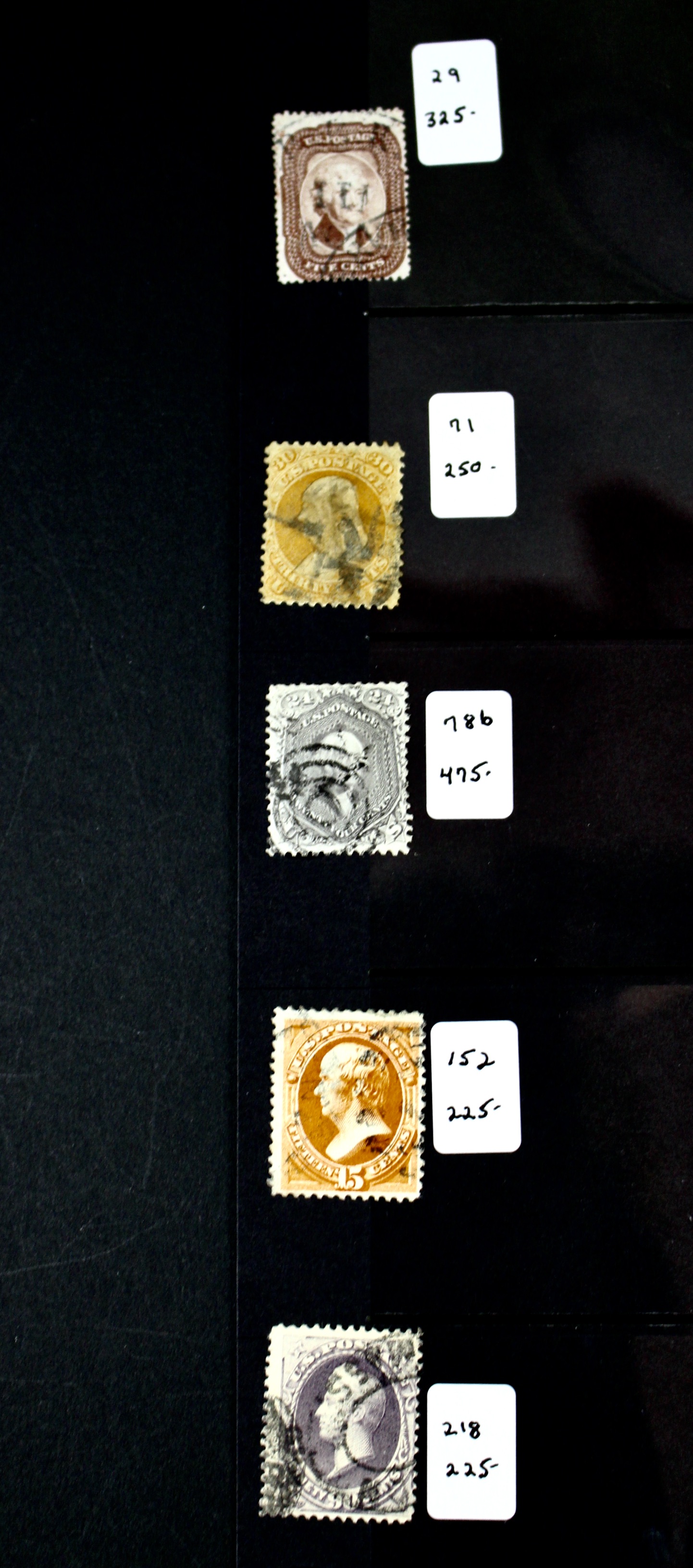 Five Early Used U.S. Postage Stamps, Scott 29 to 218