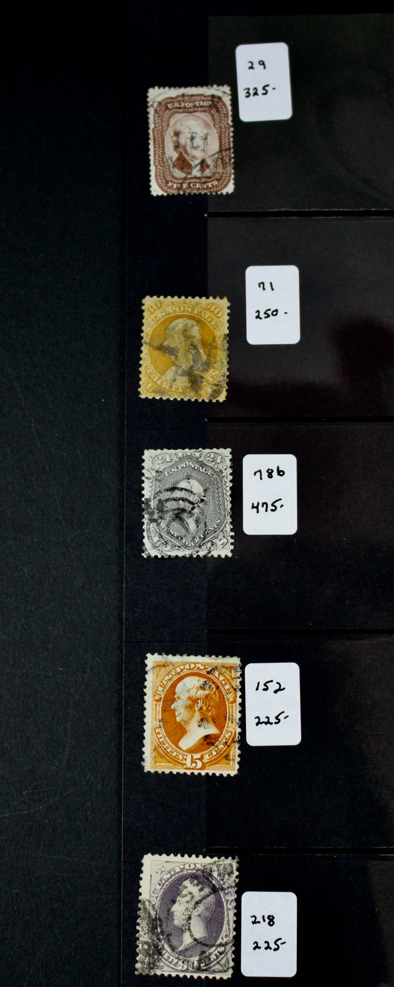 Five Early Used U.S. Postage Stamps, Scott 29 to 218