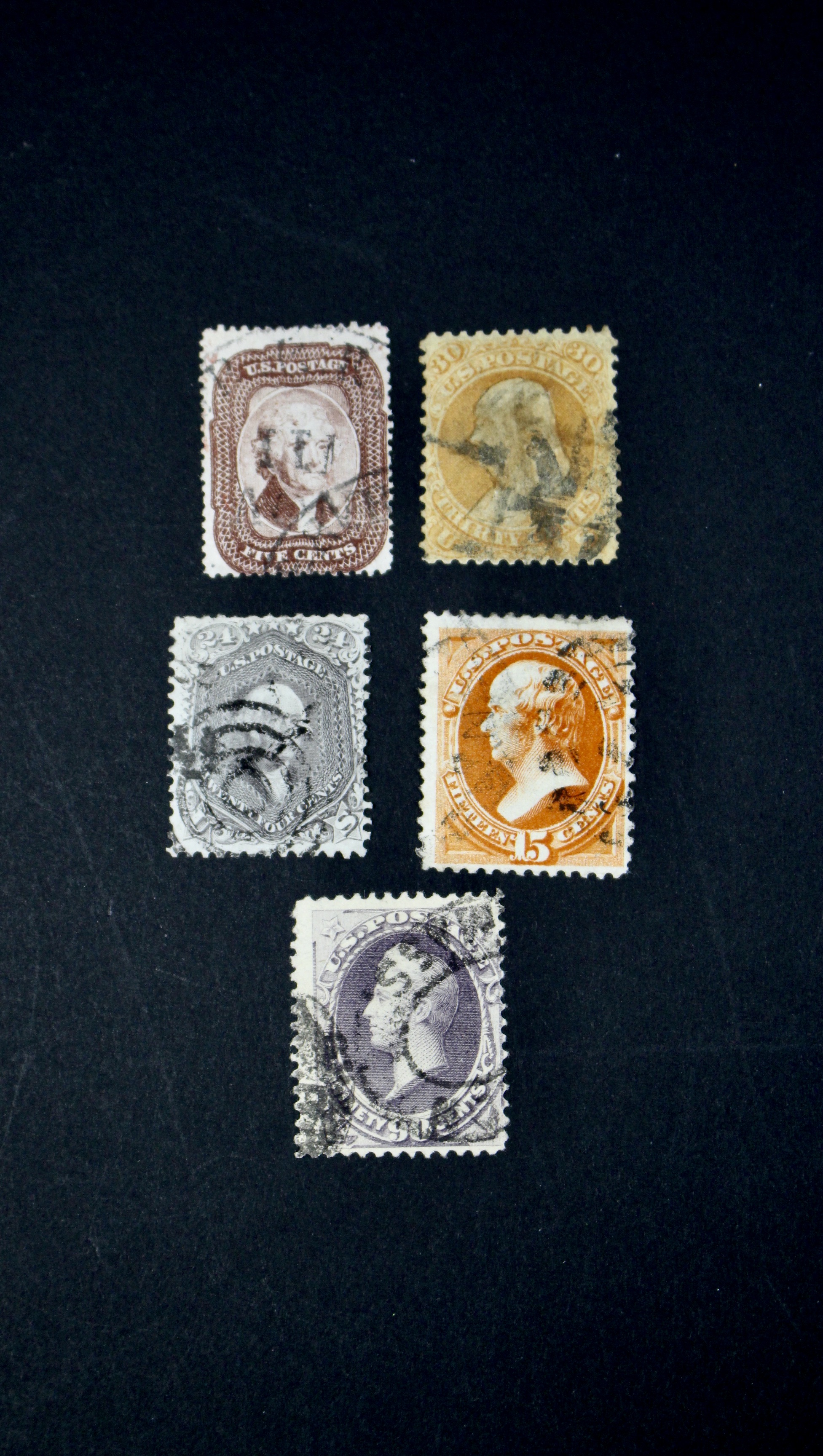 Five Early Used U.S. Postage Stamps, Scott 29 to 218