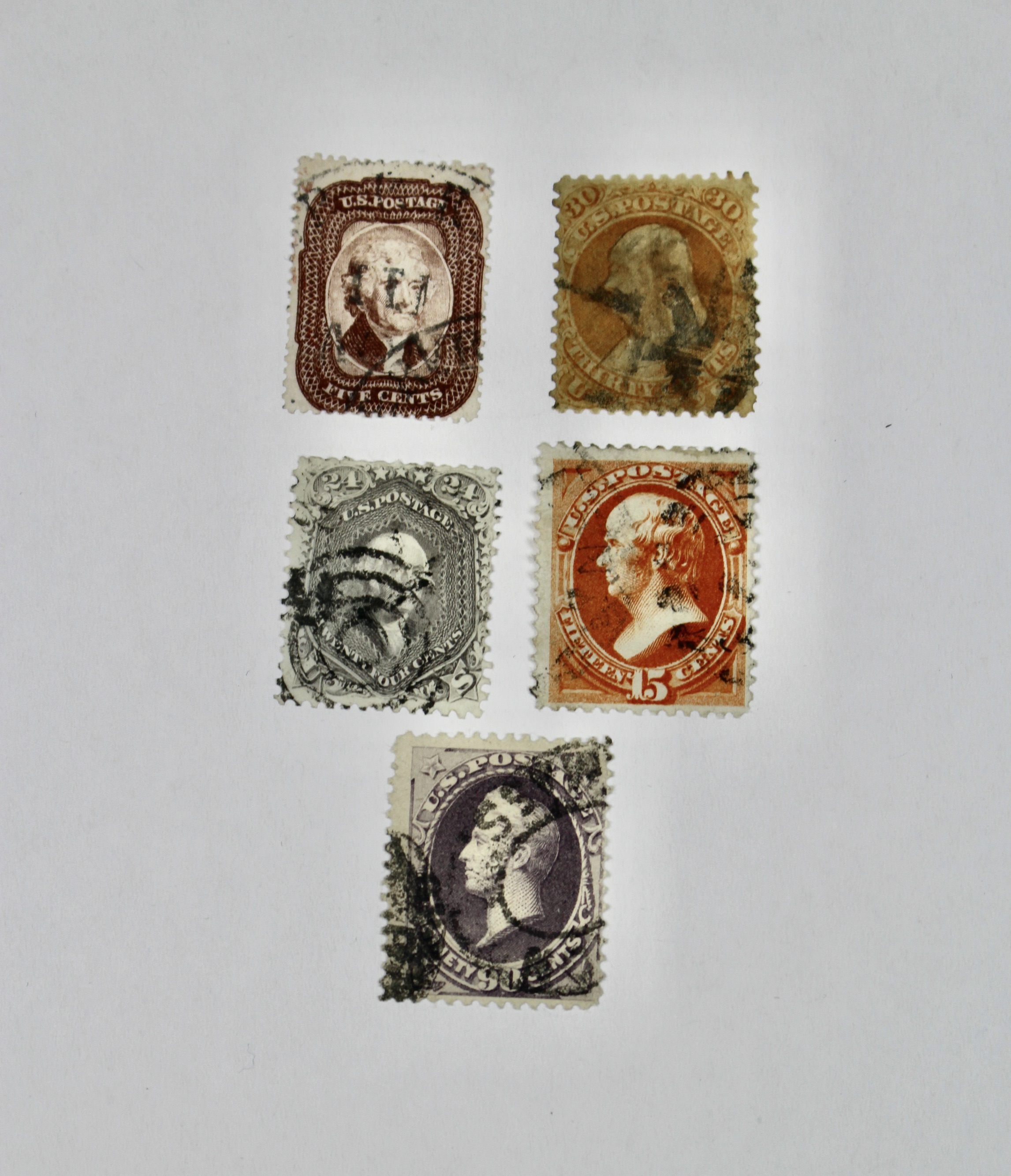 Five Early Used U.S. Postage Stamps, Scott 29 to 218