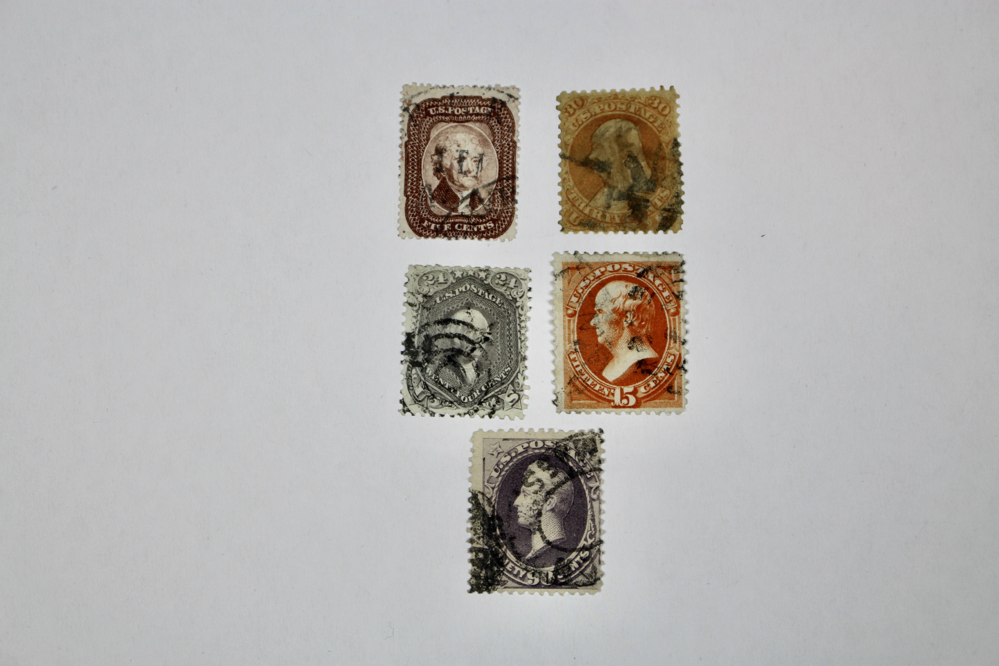 Five Early Used U.S. Postage Stamps, Scott 29 to 218