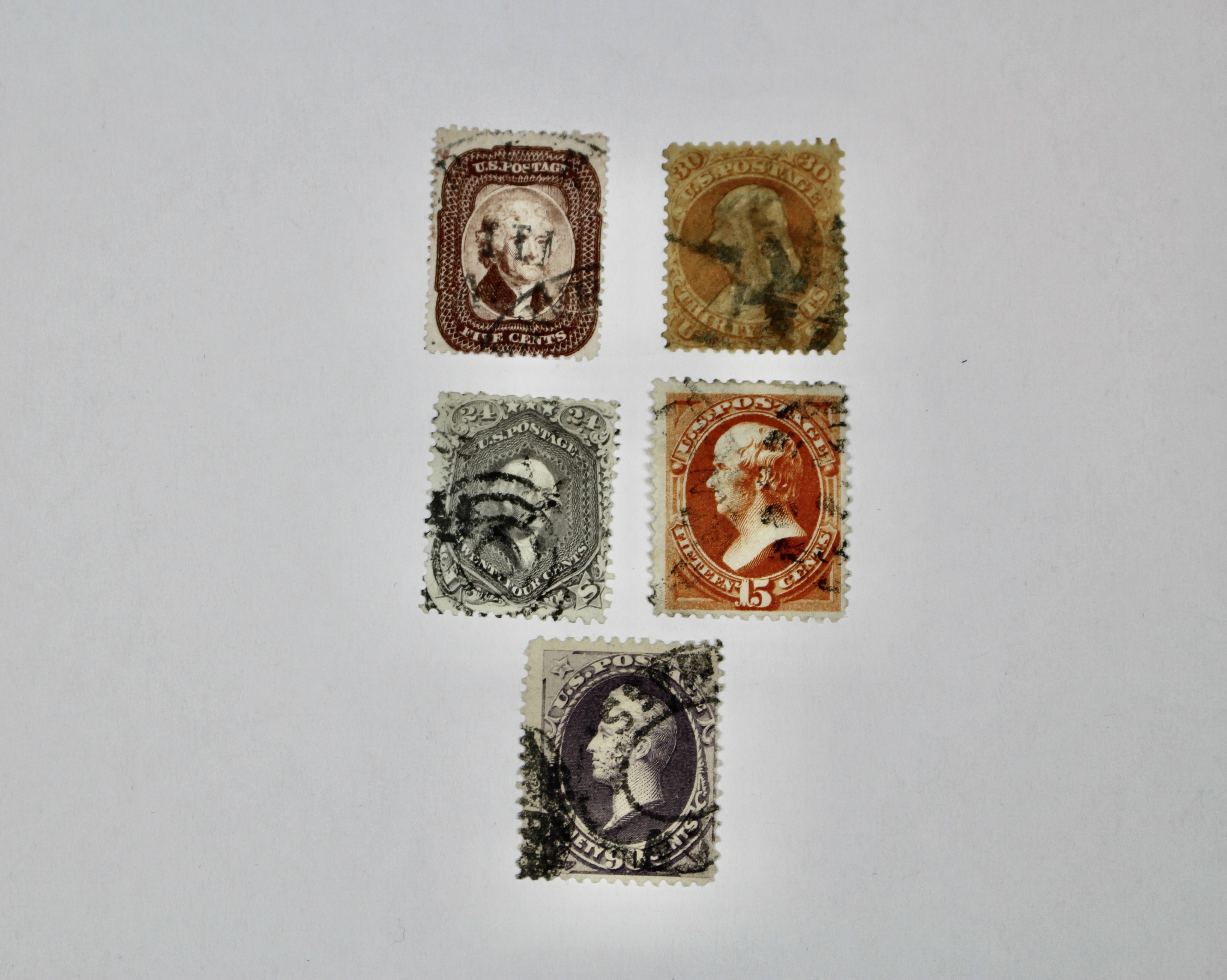 Five Early Used U.S. Postage Stamps, Scott 29 to 218