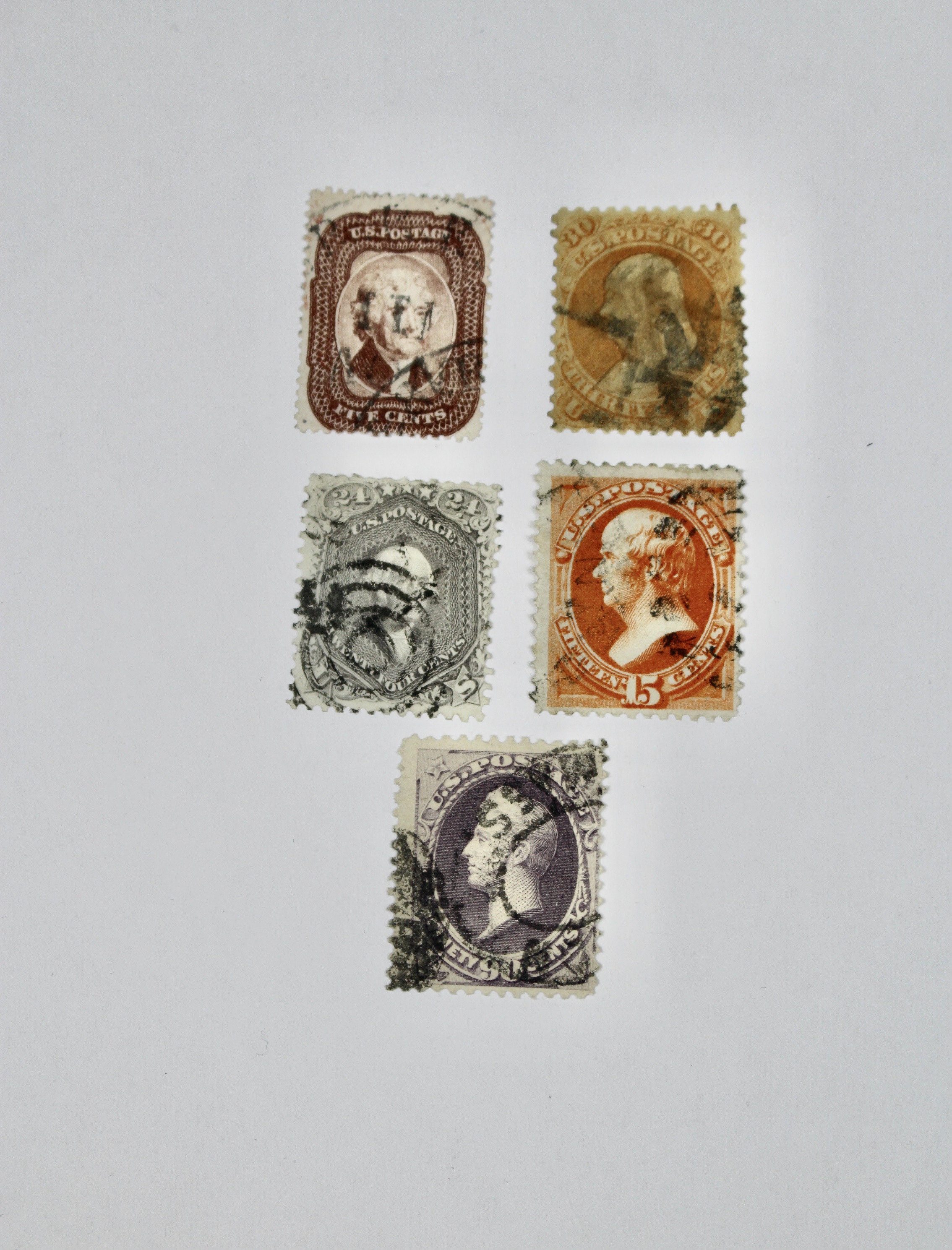 Five Early Used U.S. Postage Stamps, Scott 29 to 218