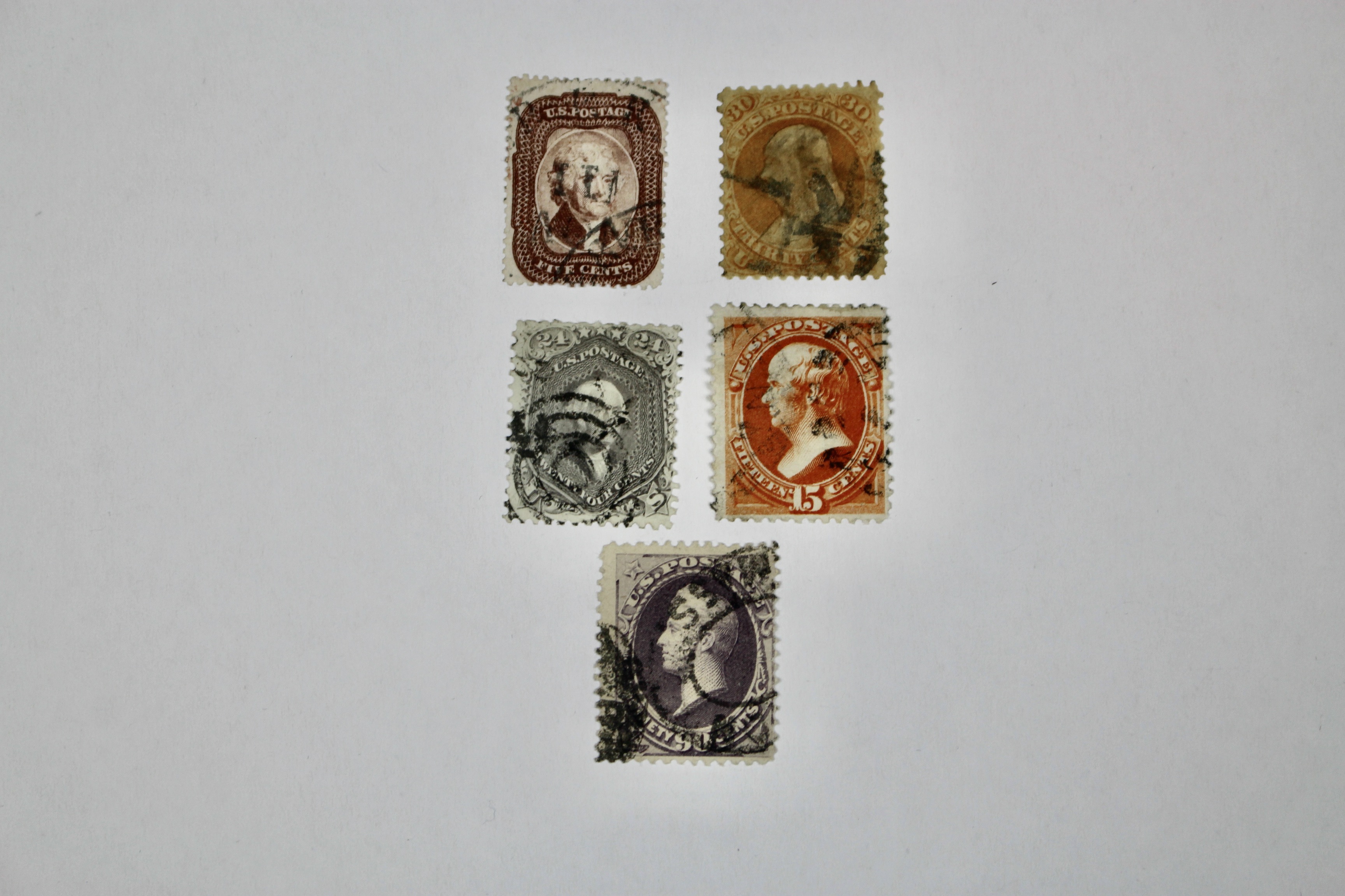 Five Early Used U.S. Postage Stamps, Scott 29 to 218