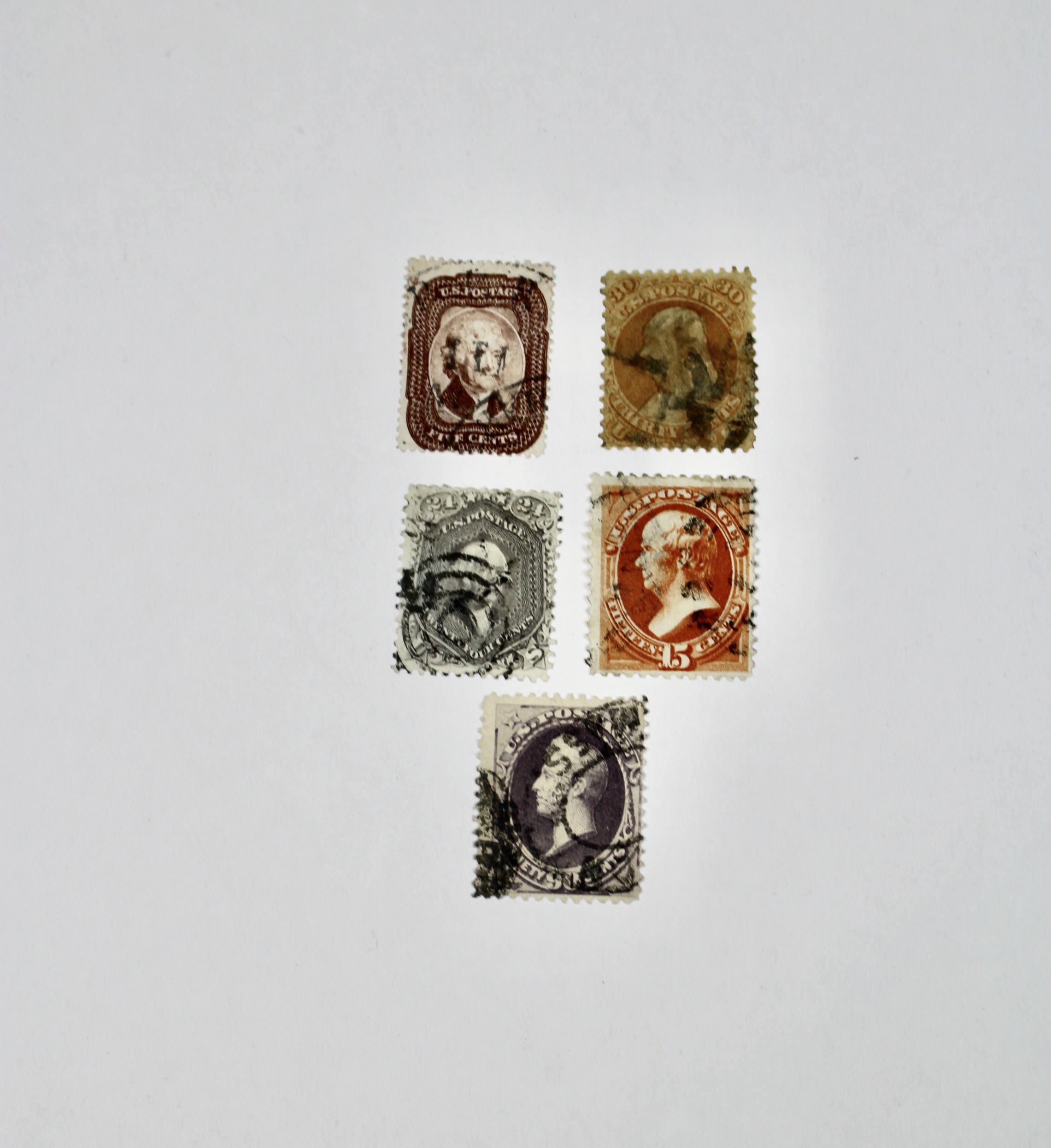 Five Early Used U.S. Postage Stamps, Scott 29 to 218
