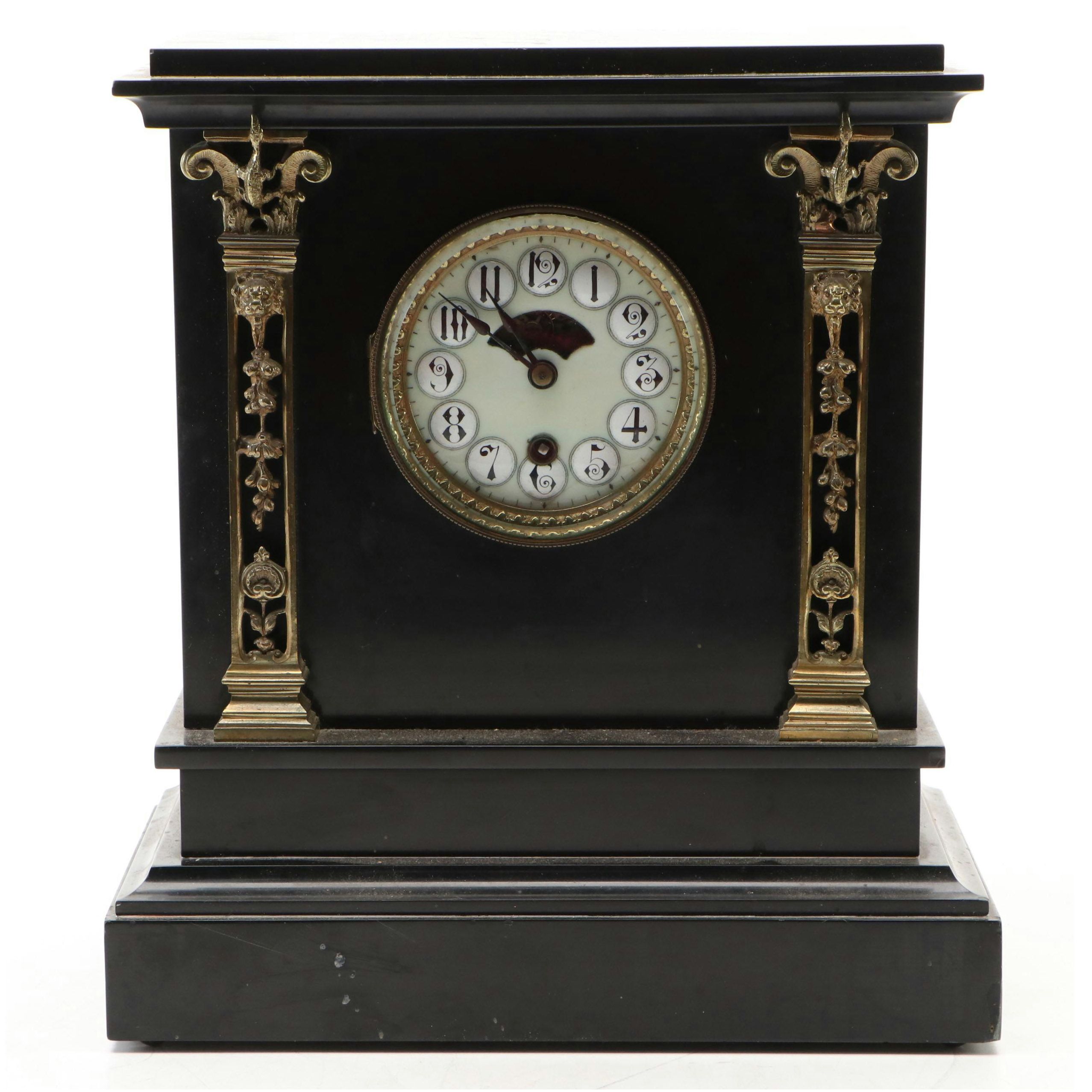 Neoclassical Style Black Marble with Brass Decals Mantel Clock
