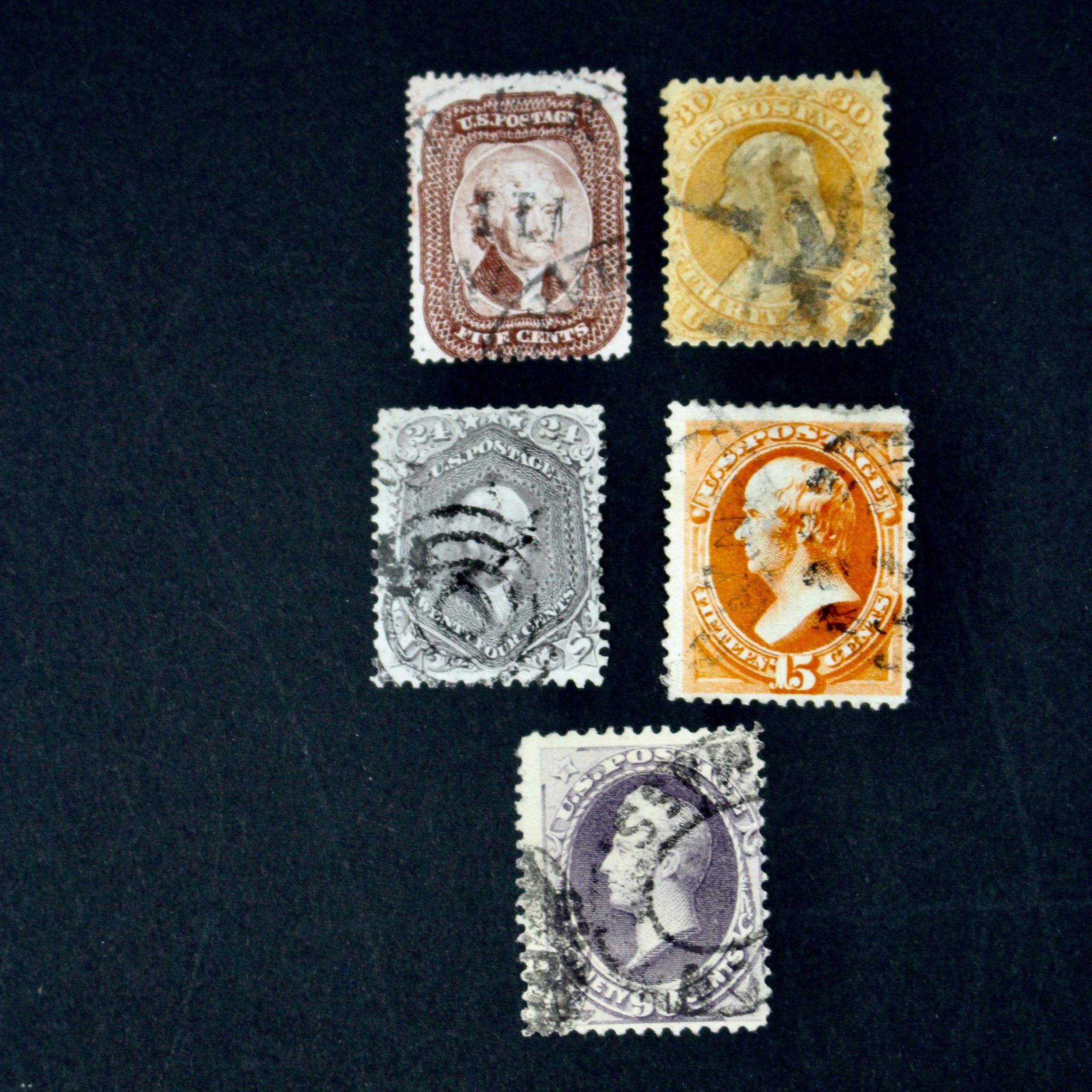 Five Early Used U.S. Postage Stamps, Scott 29 to 218