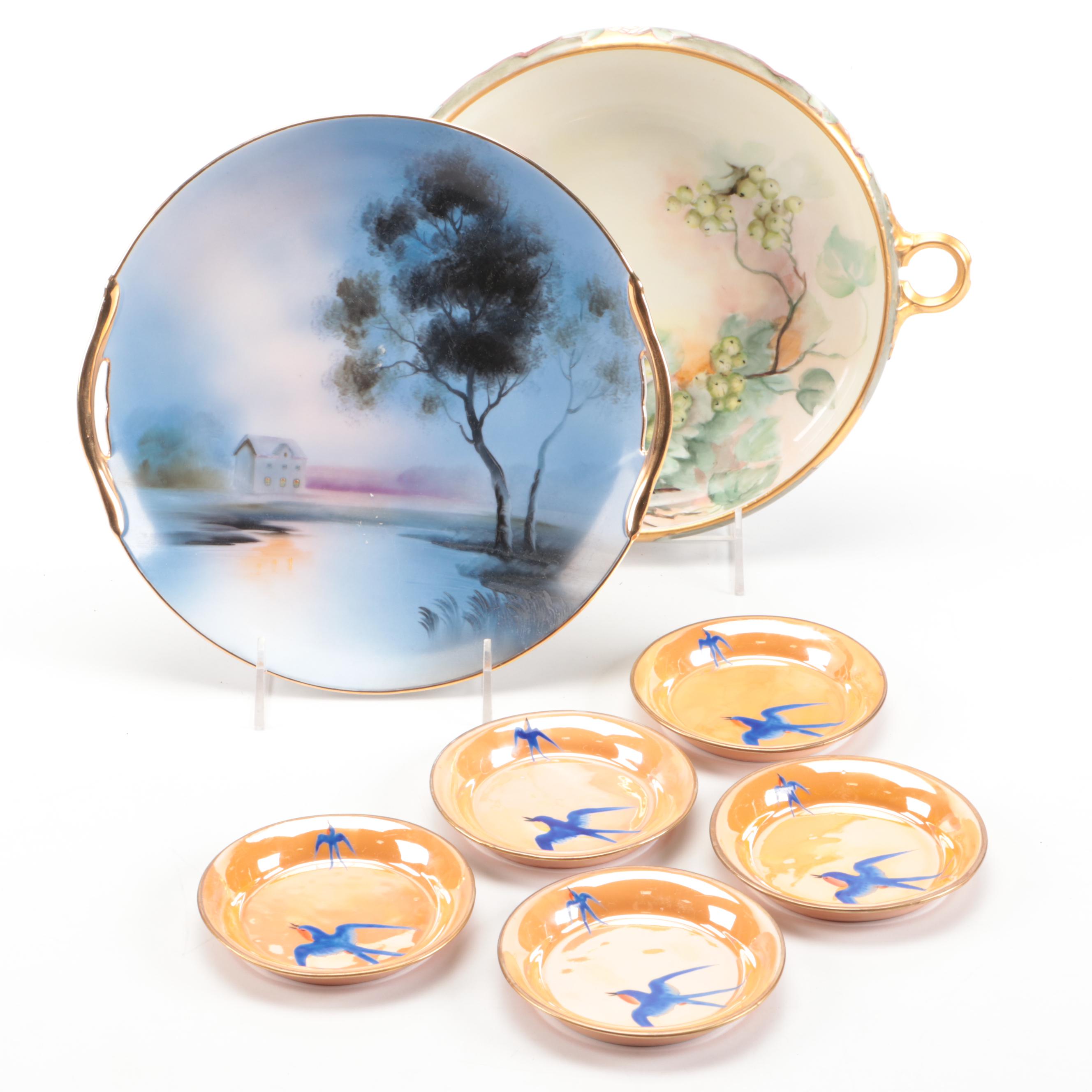Noritake Lustreware Plates and Platter with Hobbyist Hand-Painted Bowl