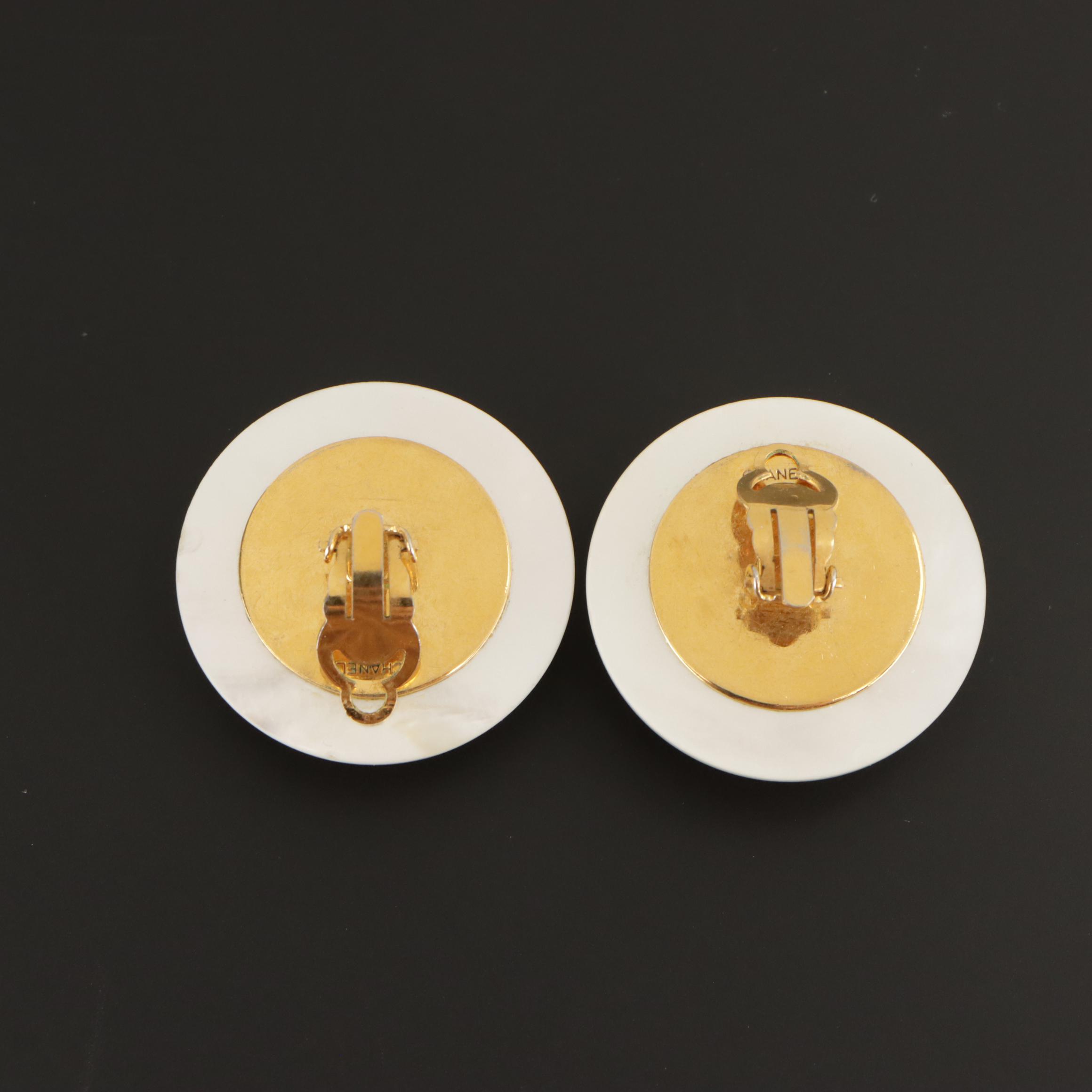 Chanel CC Mother-of-Pearl Round Clip Earrings