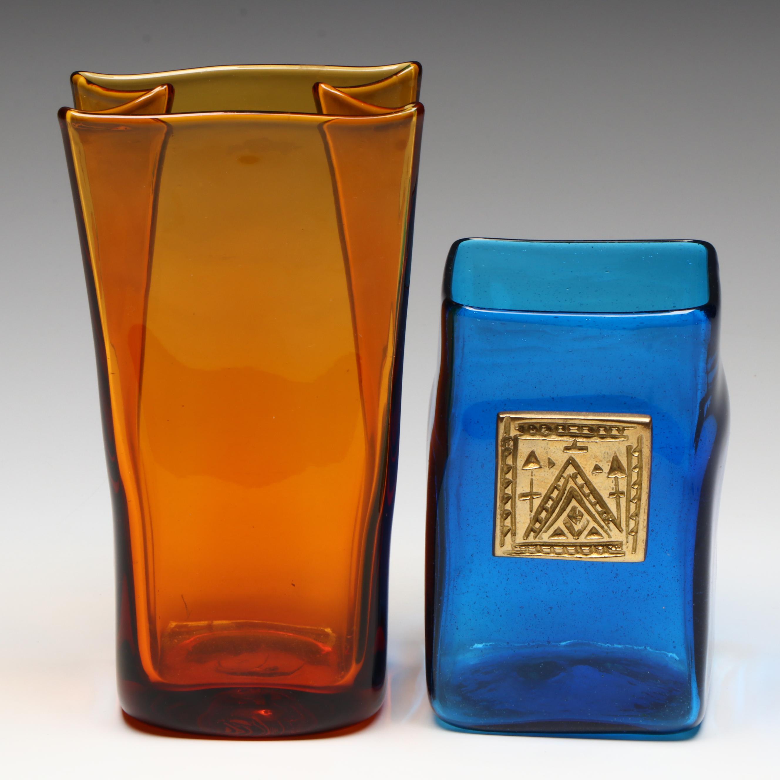 Blenko Style Studio Glass Amber Paper Bag Vase with Blue Square Vase