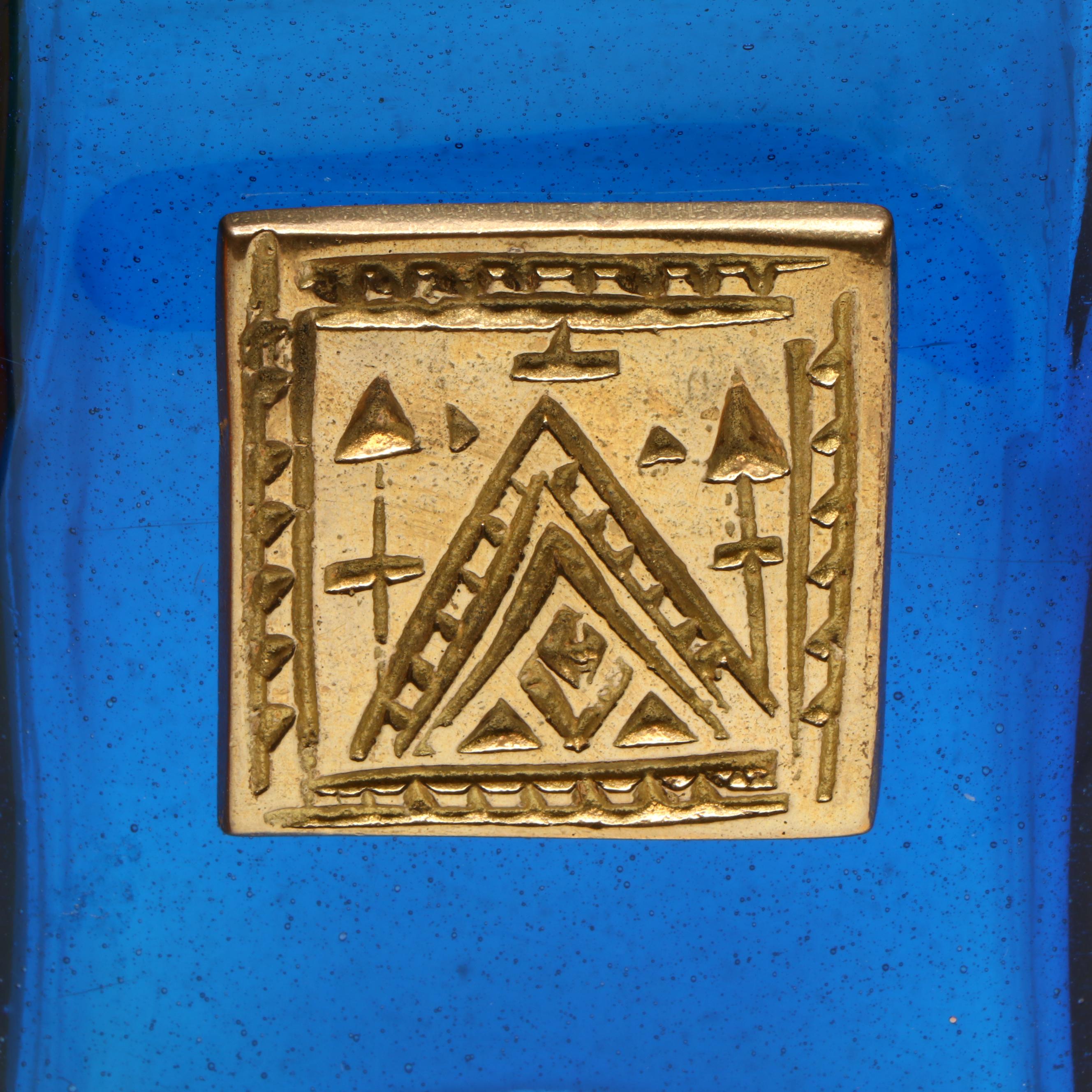 Blenko Style Studio Glass Amber Paper Bag Vase with Blue Square Vase