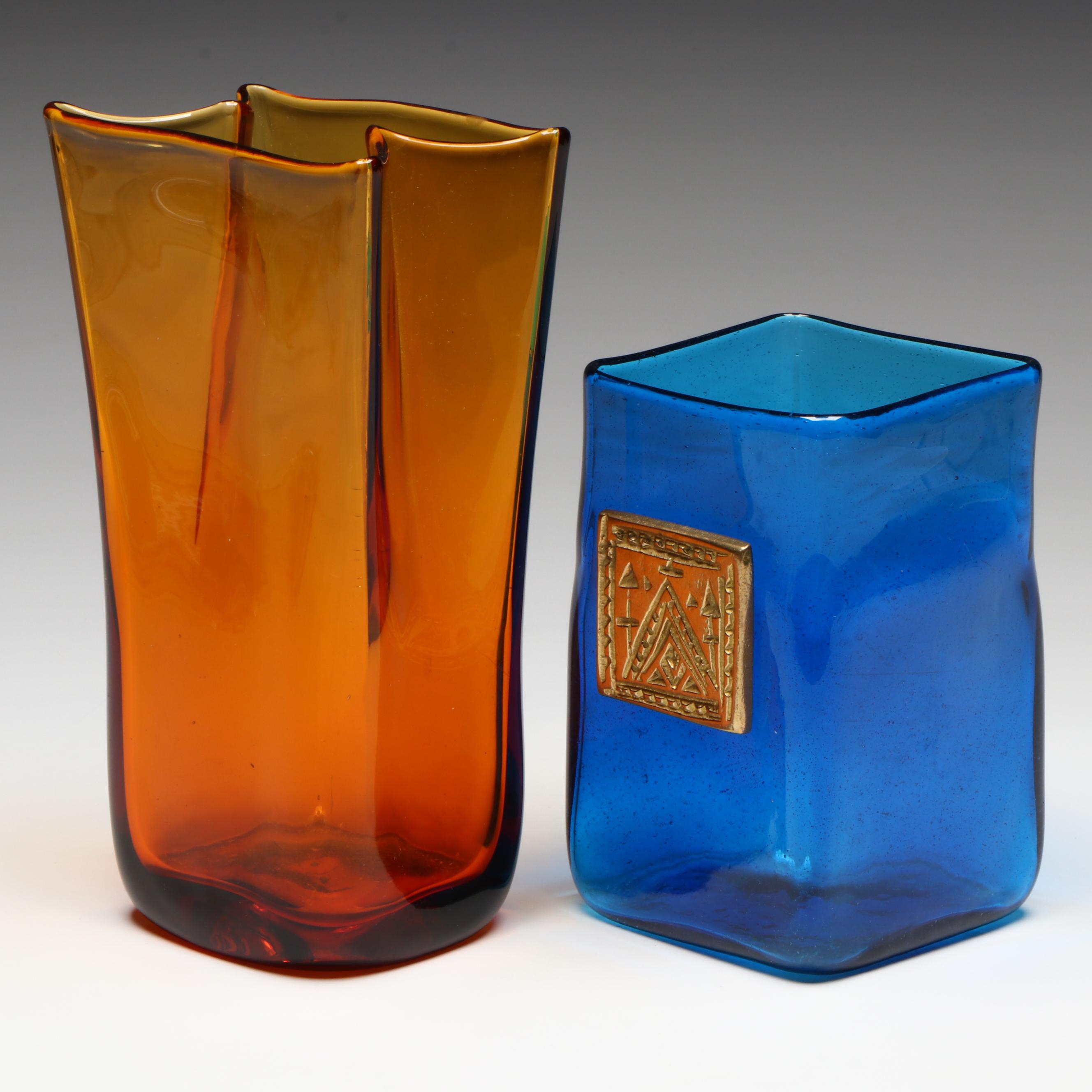 Blenko Style Studio Glass Amber Paper Bag Vase with Blue Square Vase