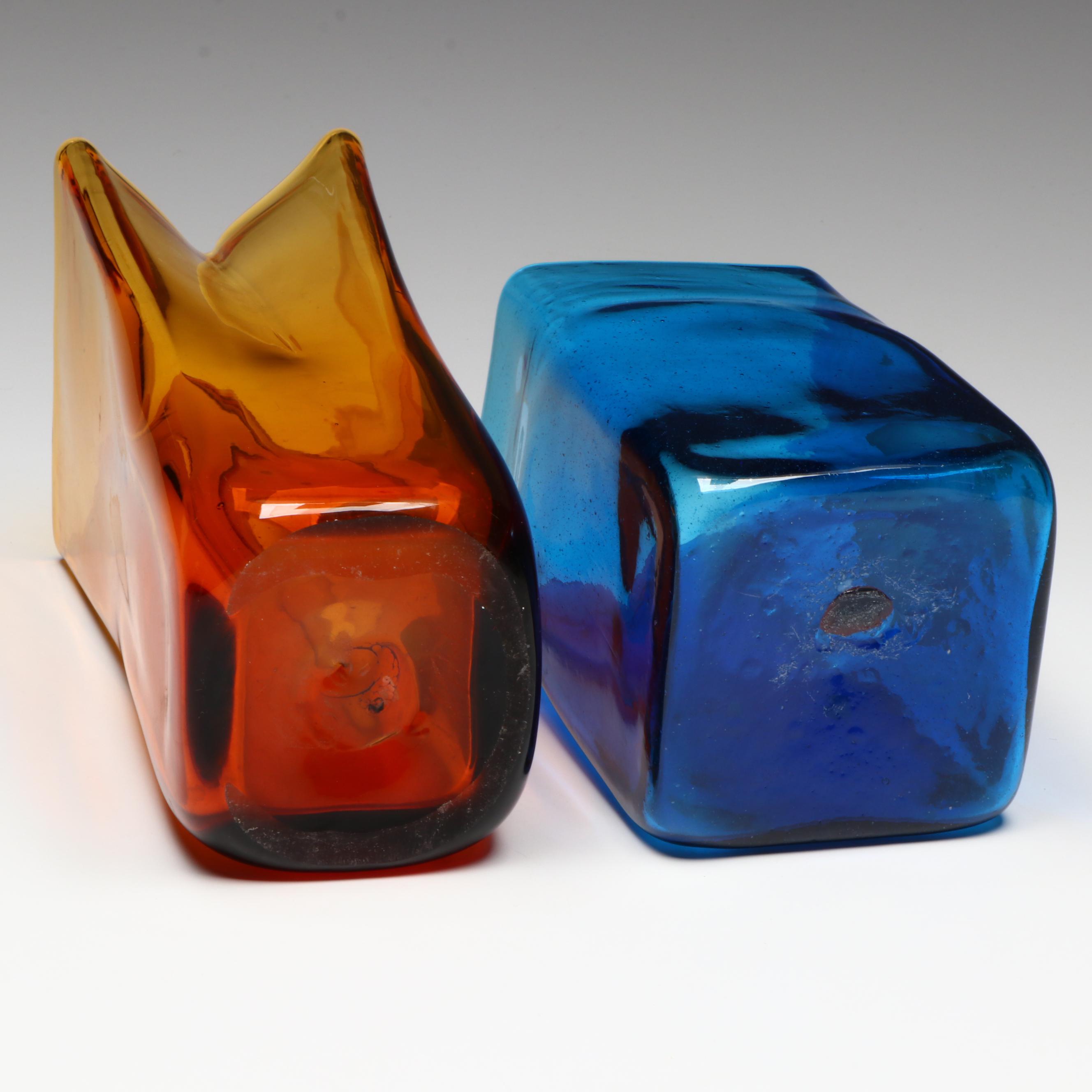 Blenko Style Studio Glass Amber Paper Bag Vase with Blue Square Vase