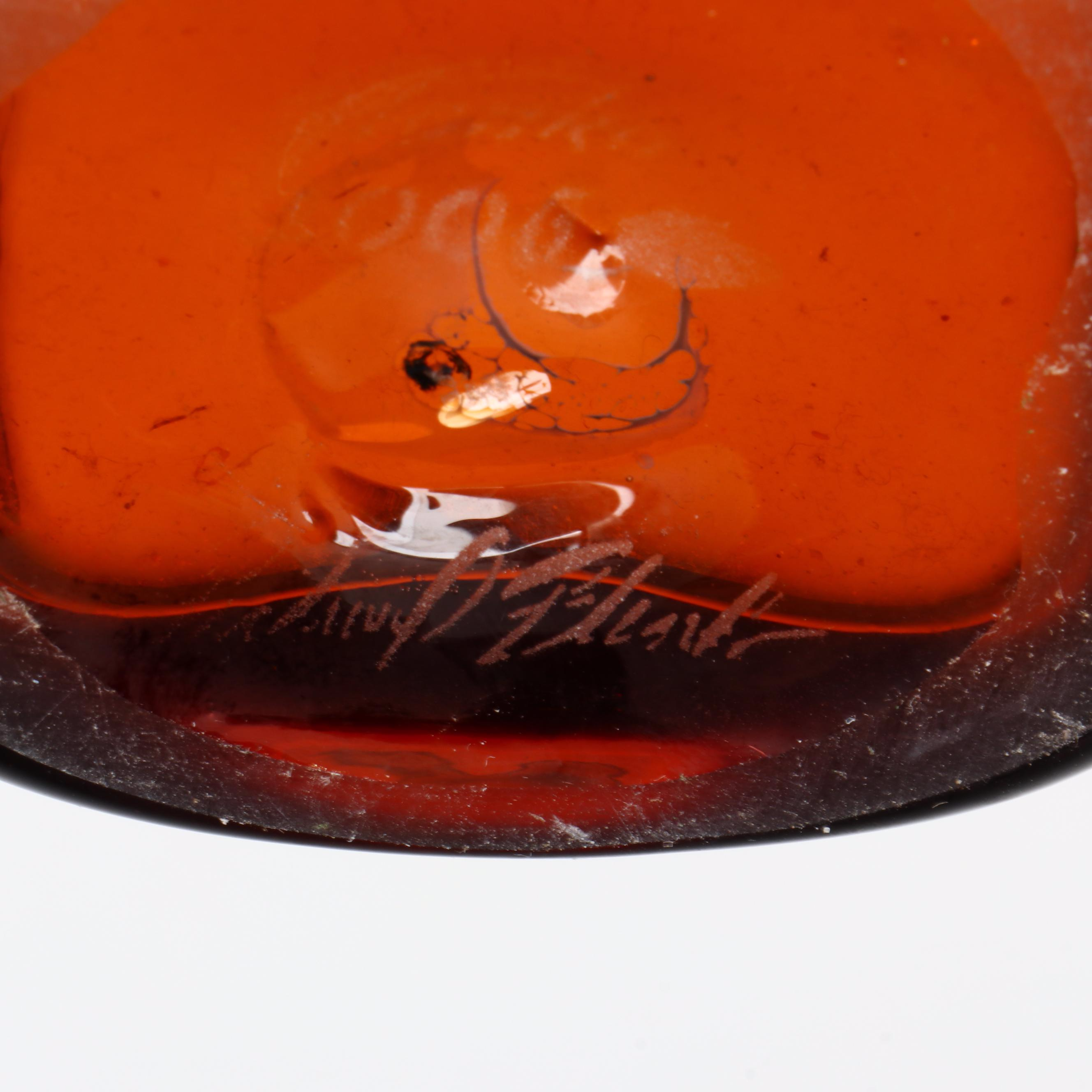 Blenko Style Studio Glass Amber Paper Bag Vase with Blue Square Vase