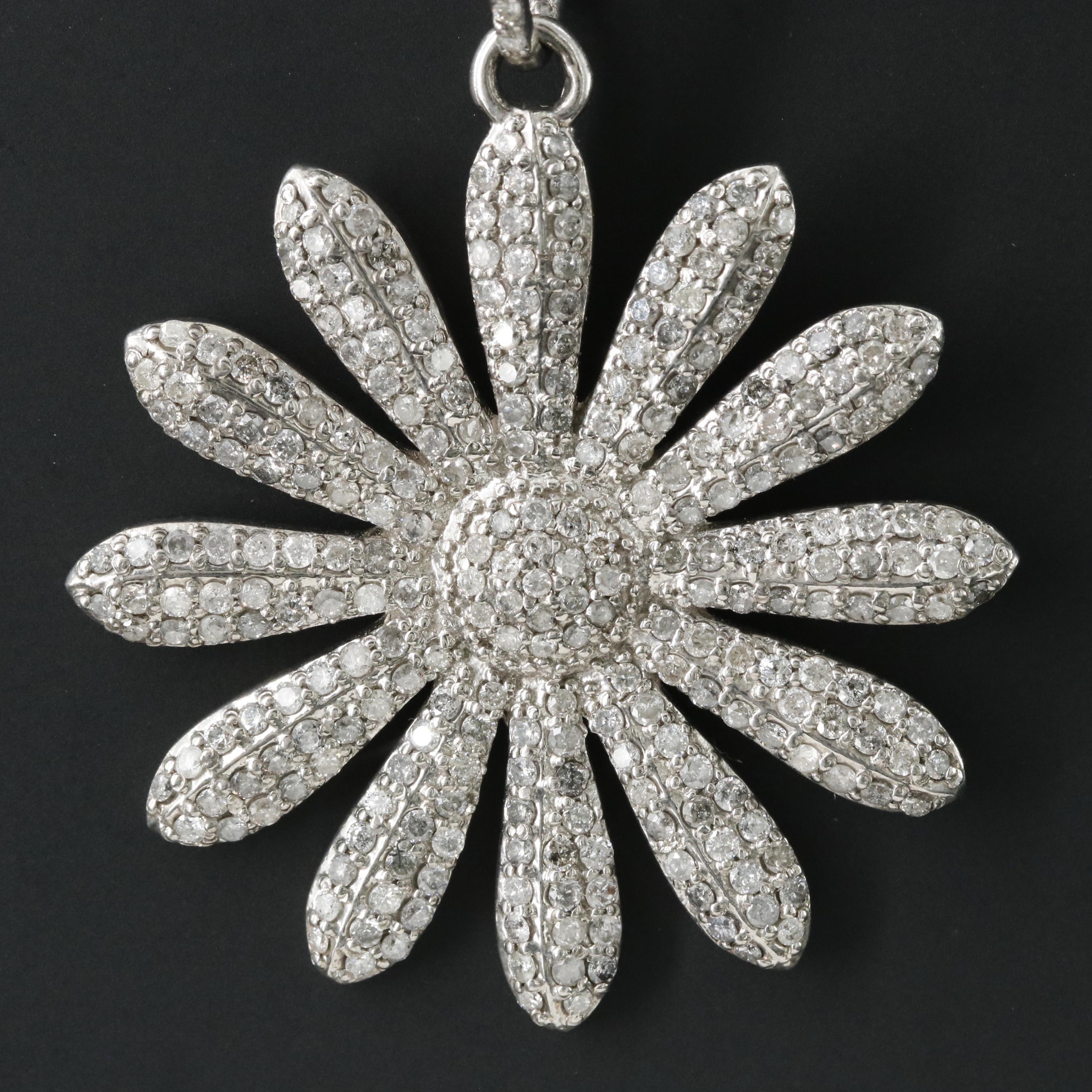 Sterling Pavé Diamond Flower Pendant Attributed to Sheryl Lowe