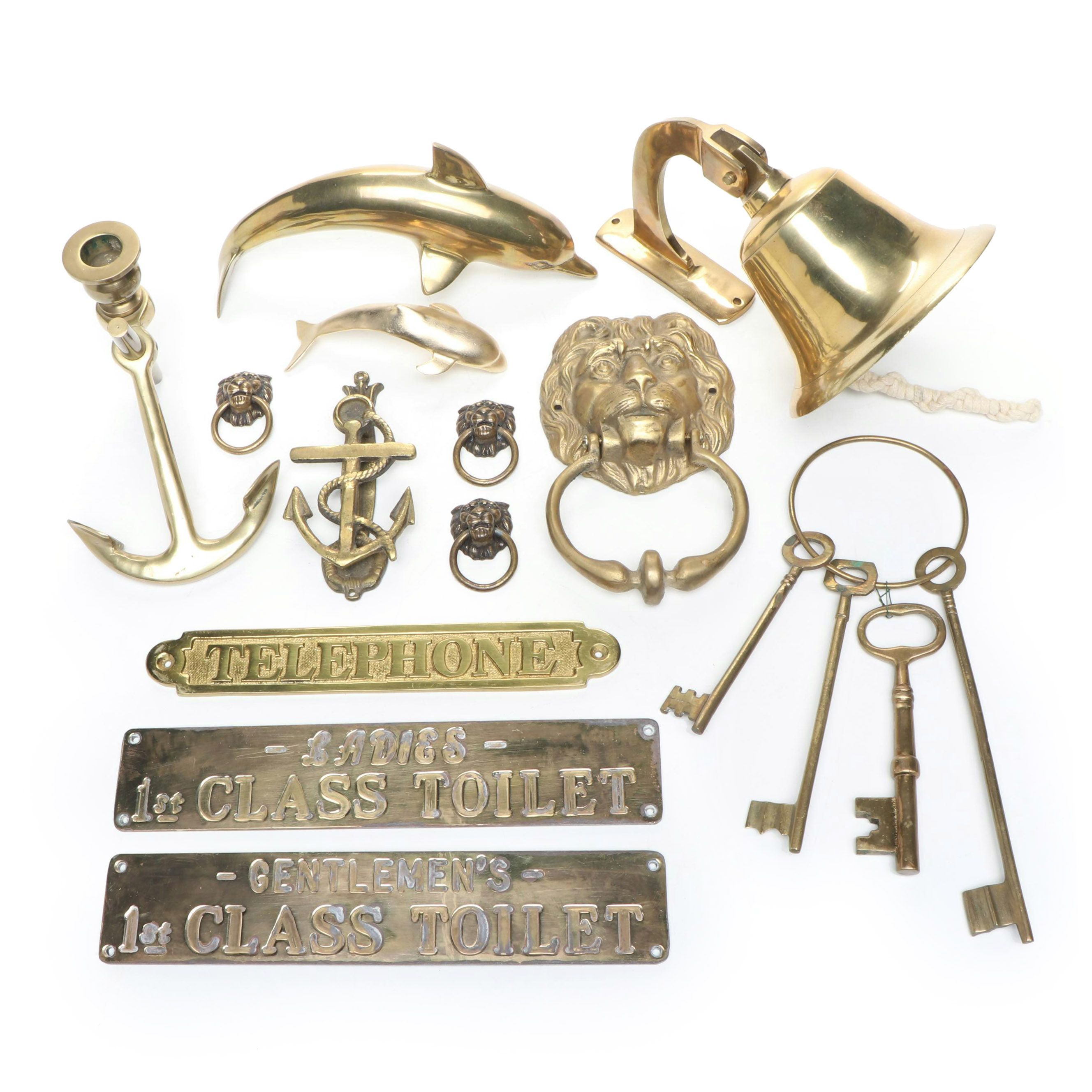Brass Signed, Door Knockers, Bell, Dolphins and More Decor, Mid to Late 20th C.