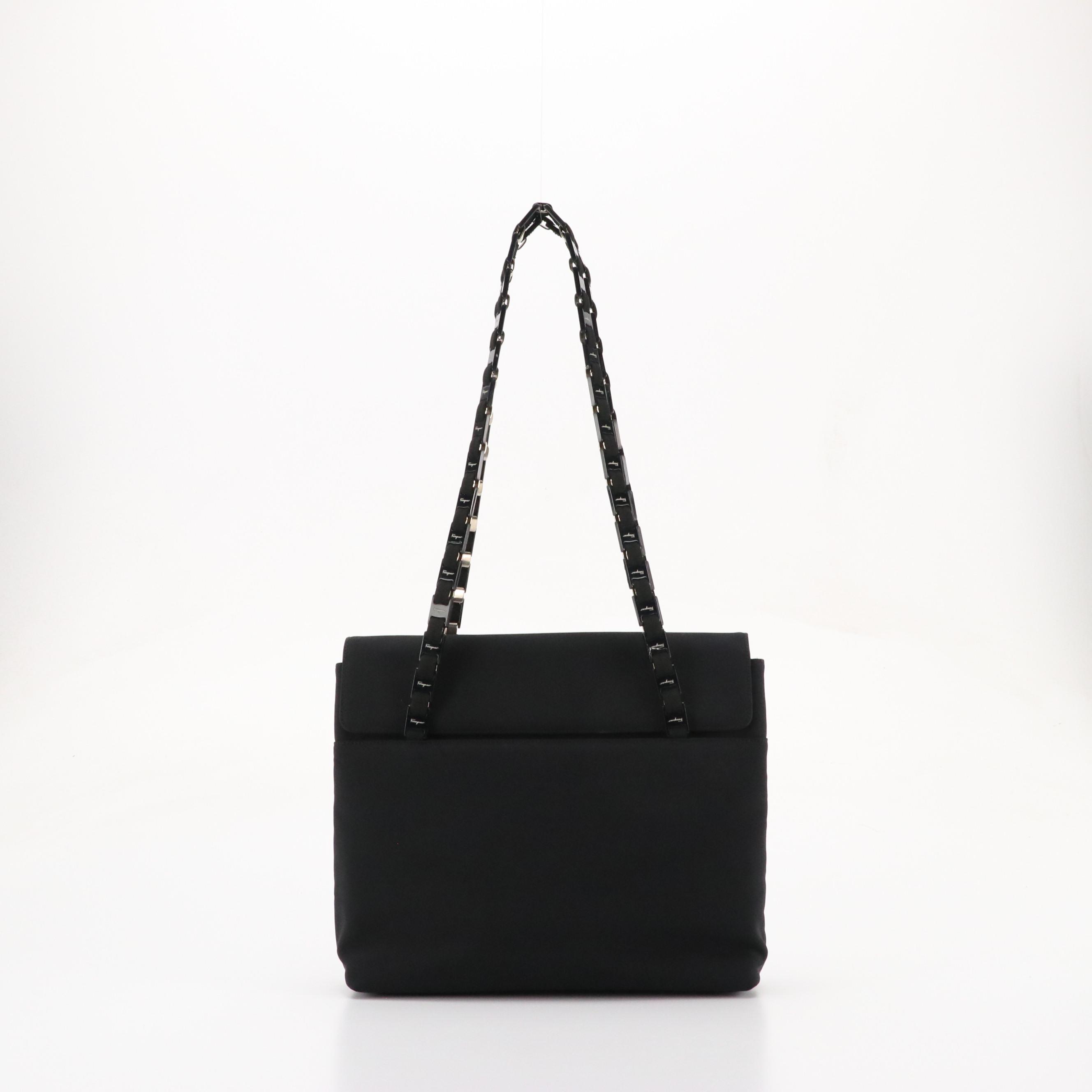 Salvatore Ferragamo Vara Chain Strap Shoulder Bag in Black Nylon Canvas