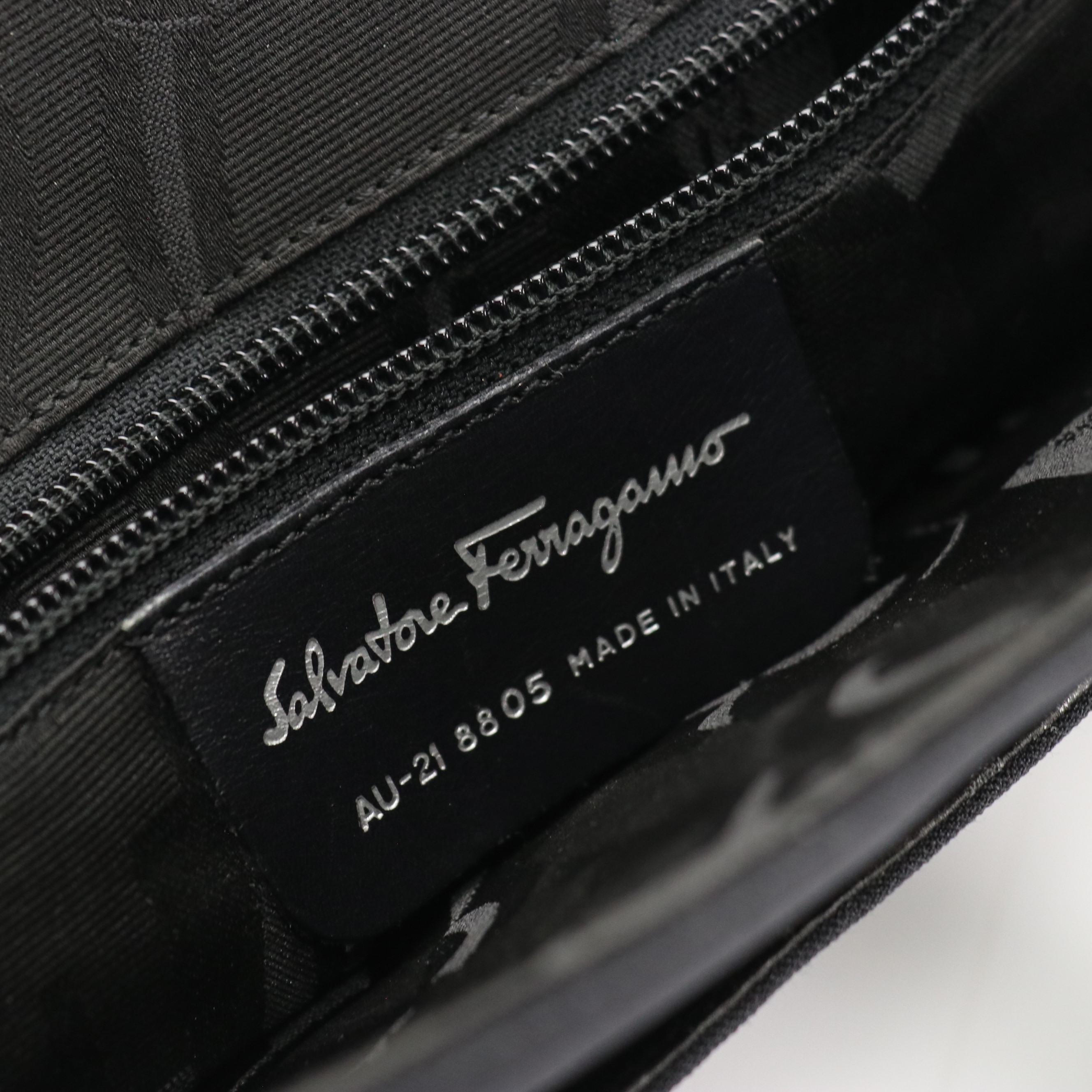 Salvatore Ferragamo Vara Chain Strap Shoulder Bag in Black Nylon Canvas