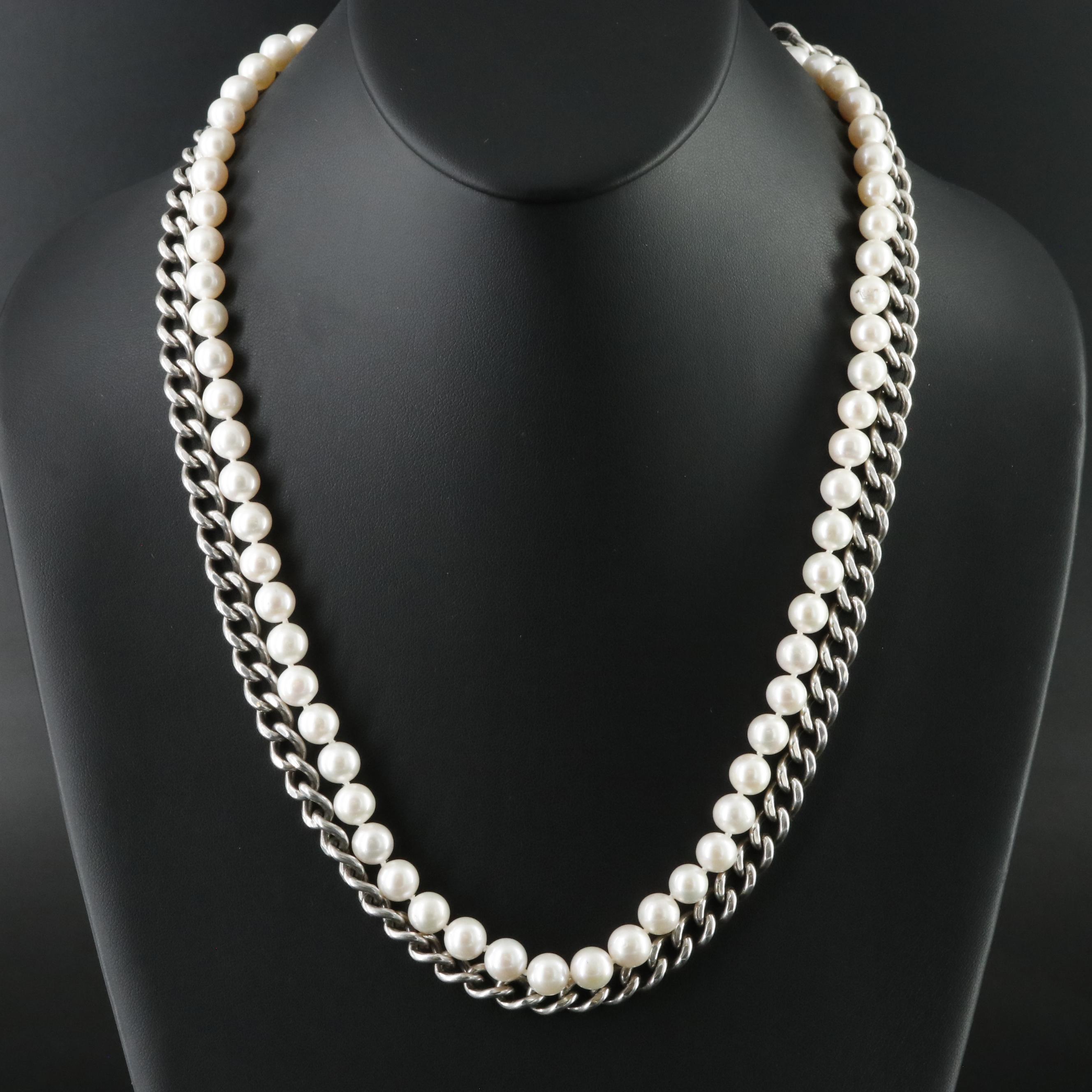 Sheryl Lowe Sterling Pearl and Curb Chain Necklace