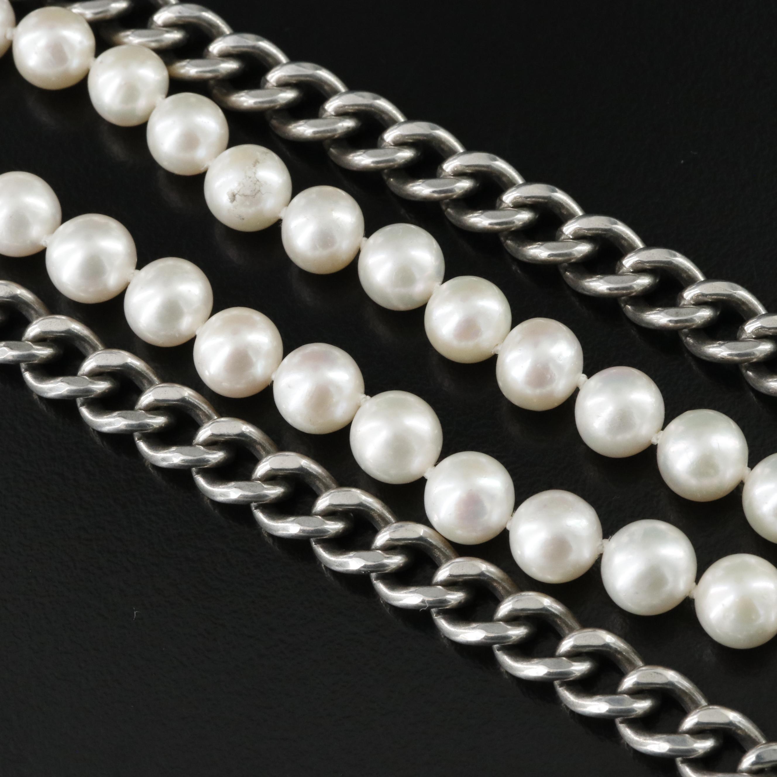 Sheryl Lowe Sterling Pearl and Curb Chain Necklace