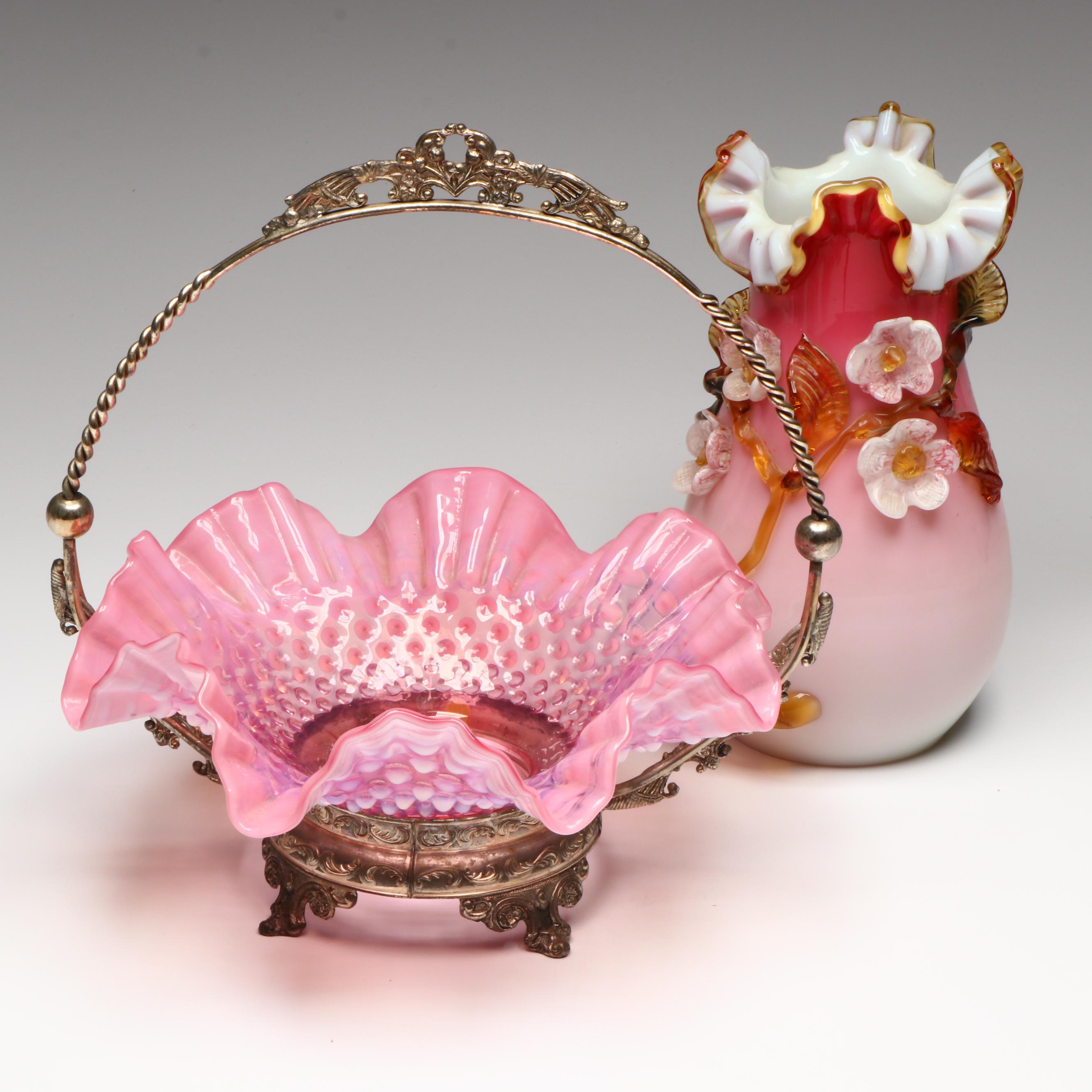 Stevens & Williams Rigaree Applied Flowers Vase with Fenton Bride's Basket