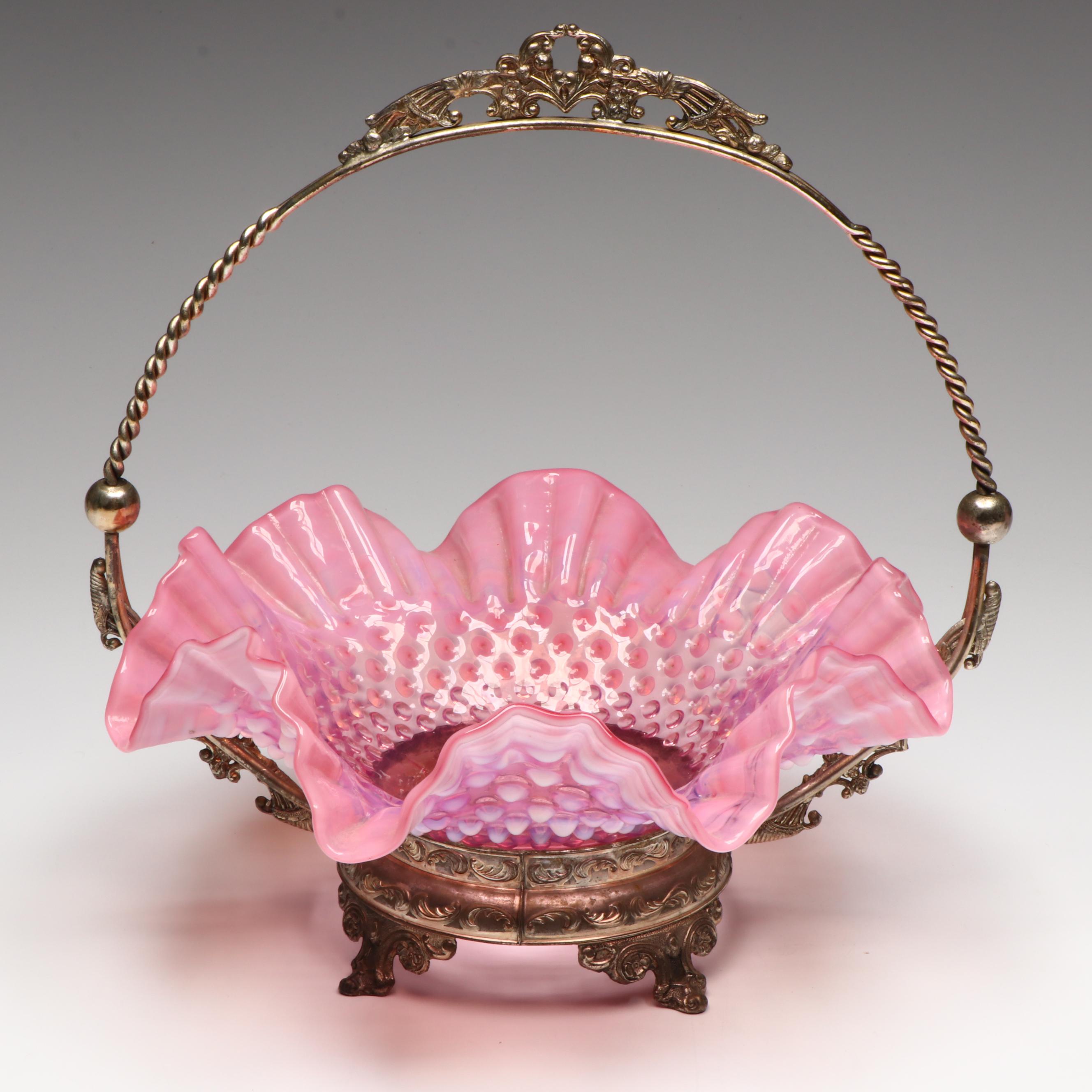 Stevens & Williams Rigaree Applied Flowers Vase with Fenton Bride's Basket