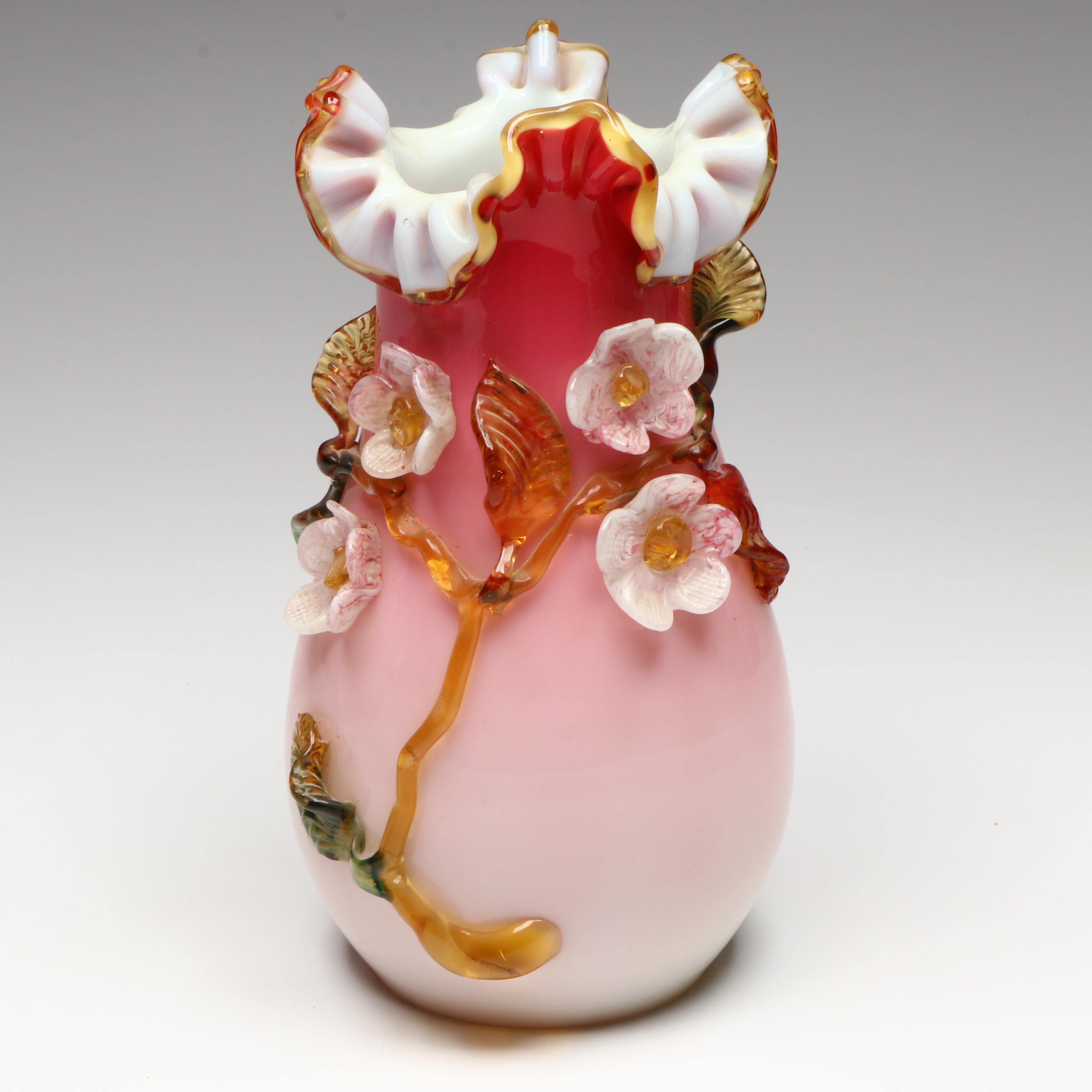 Stevens & Williams Rigaree Applied Flowers Vase with Fenton Bride's Basket