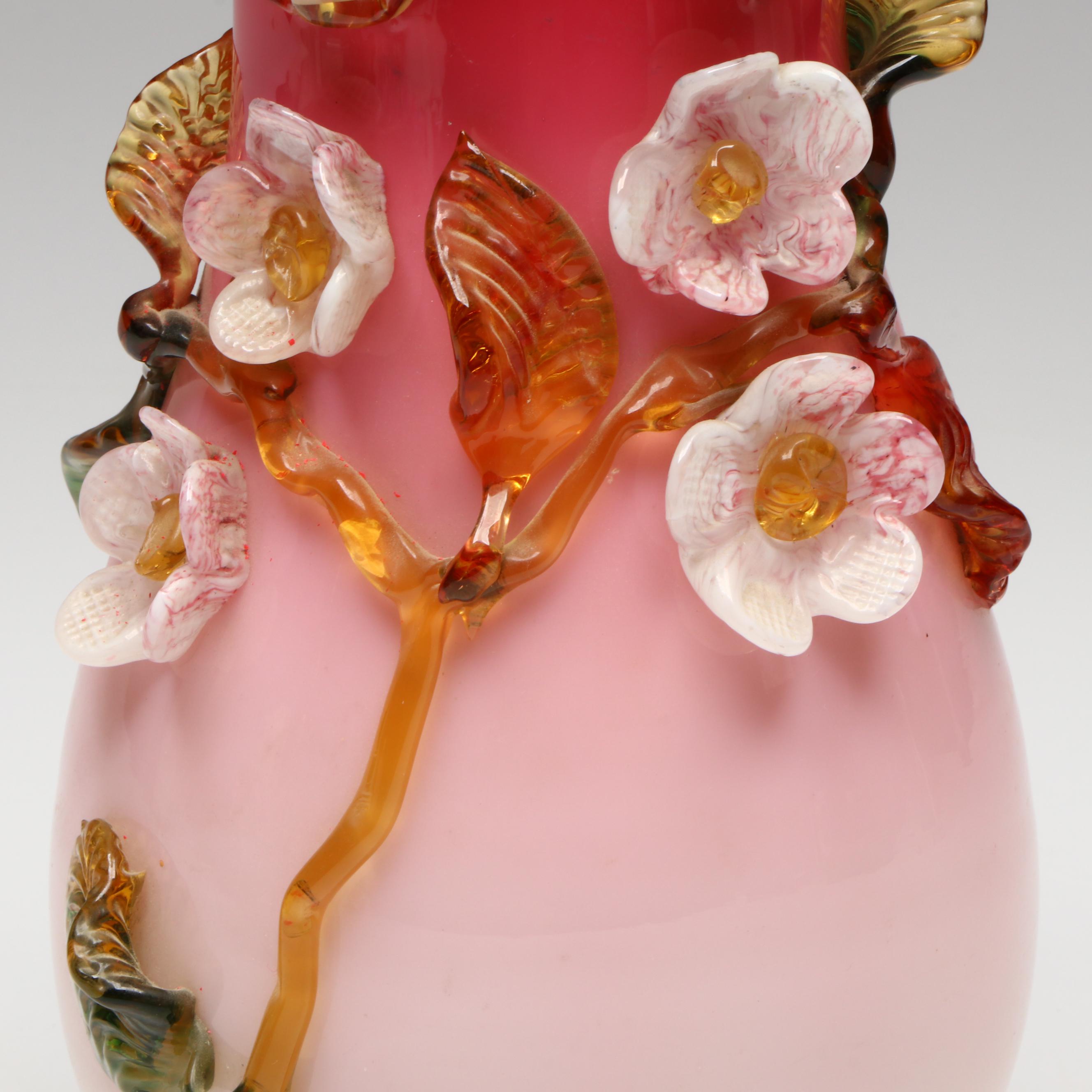 Stevens & Williams Rigaree Applied Flowers Vase with Fenton Bride's Basket