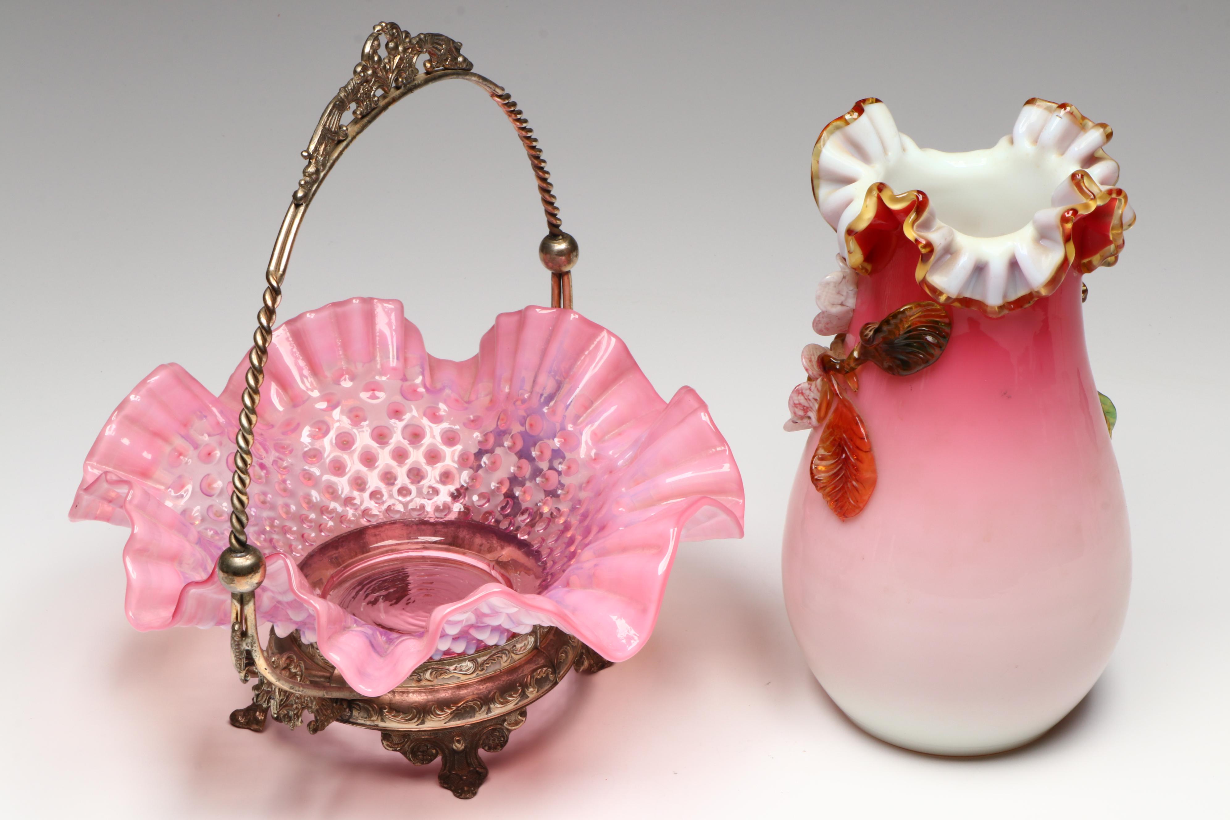 Stevens & Williams Rigaree Applied Flowers Vase with Fenton Bride's Basket