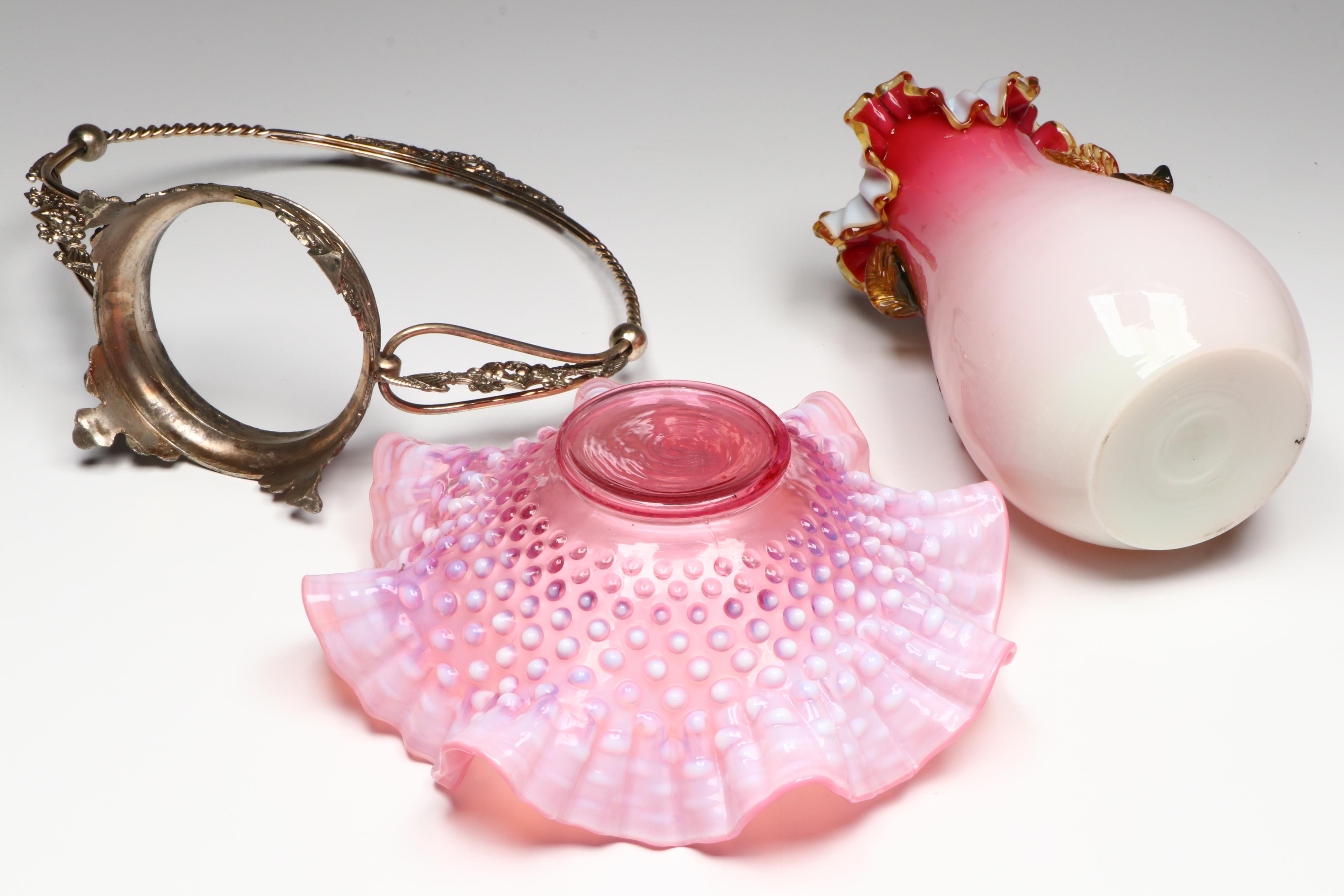 Stevens & Williams Rigaree Applied Flowers Vase with Fenton Bride's Basket