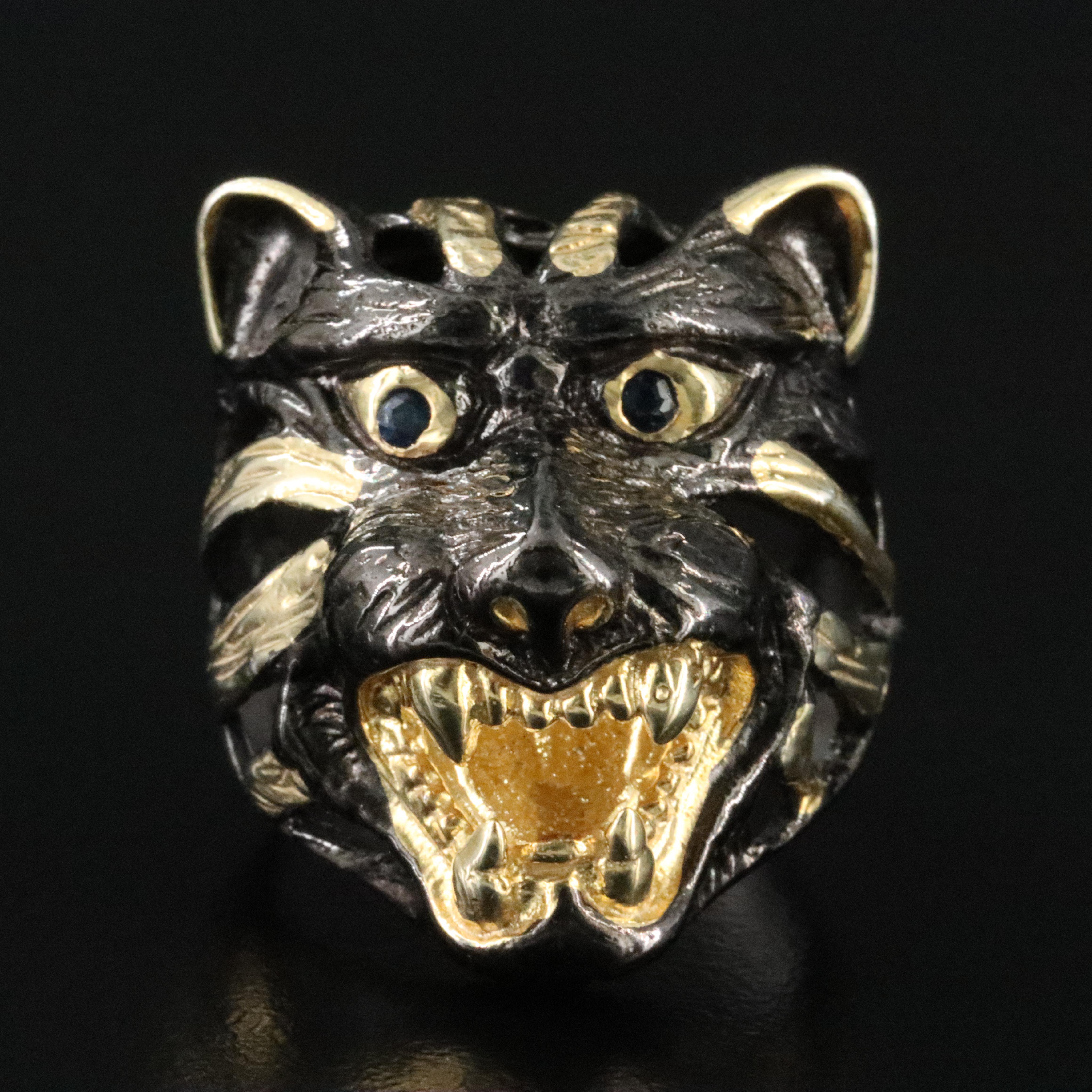 Sterling Tiger Ring with Sapphire Eyes