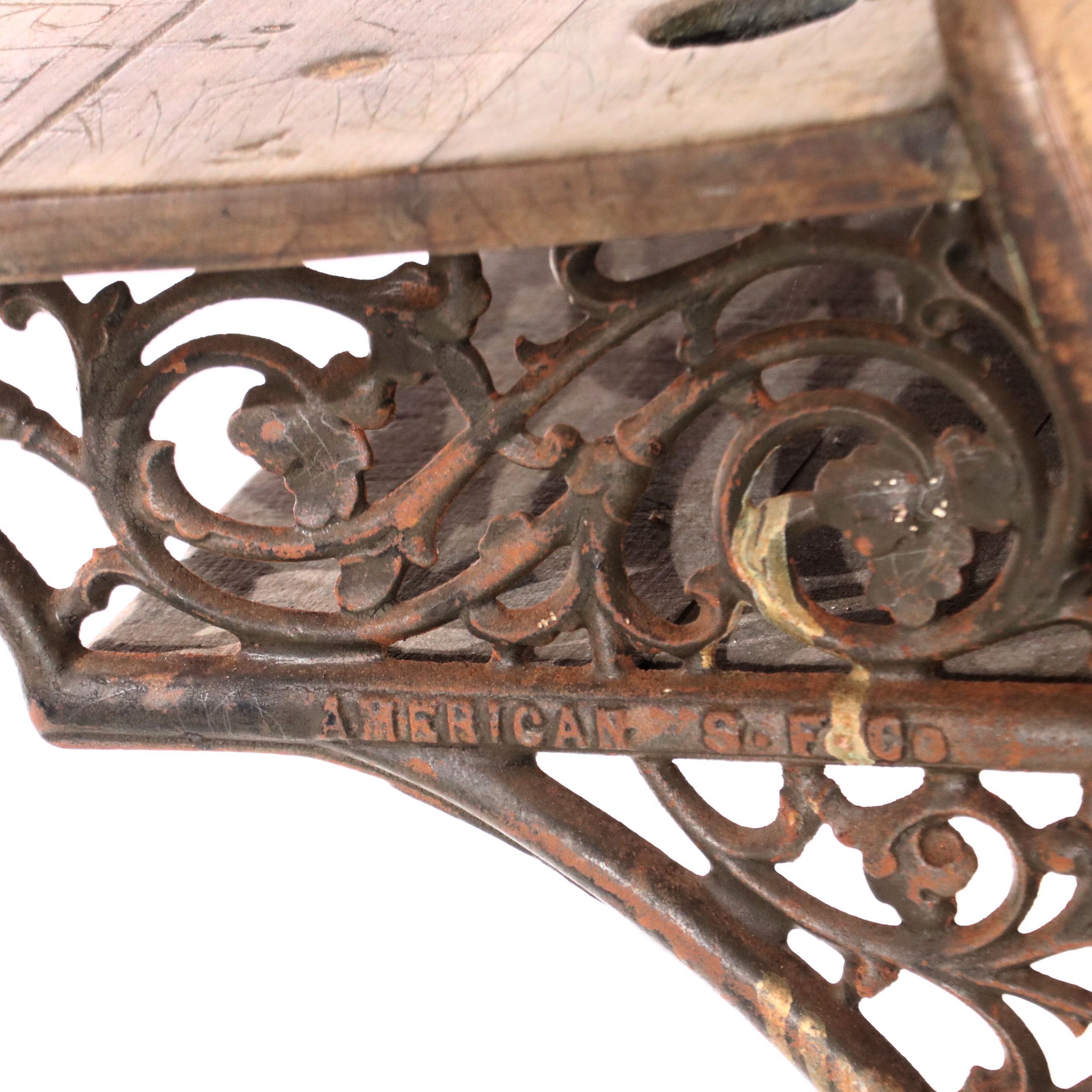 Two Metal and Wood Student Desks with Folding Seats, Late 19th Century