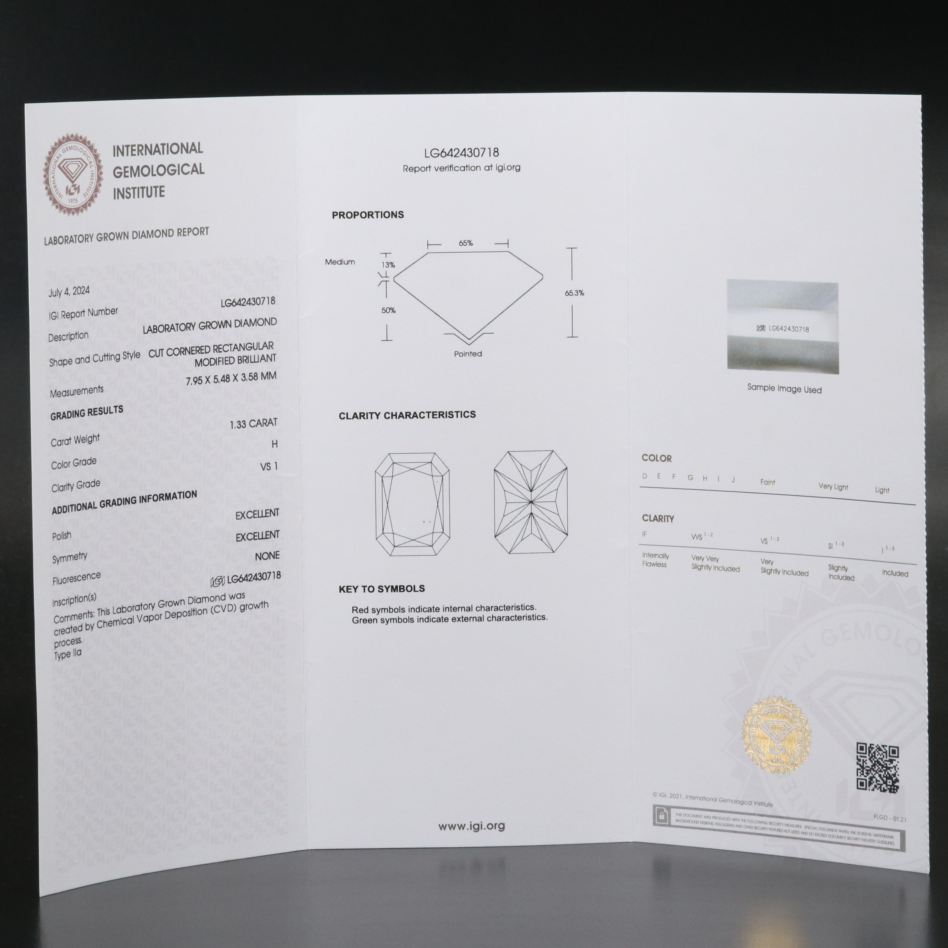 Loose 1.33 CT Lab Grown Diamond with IGI Report