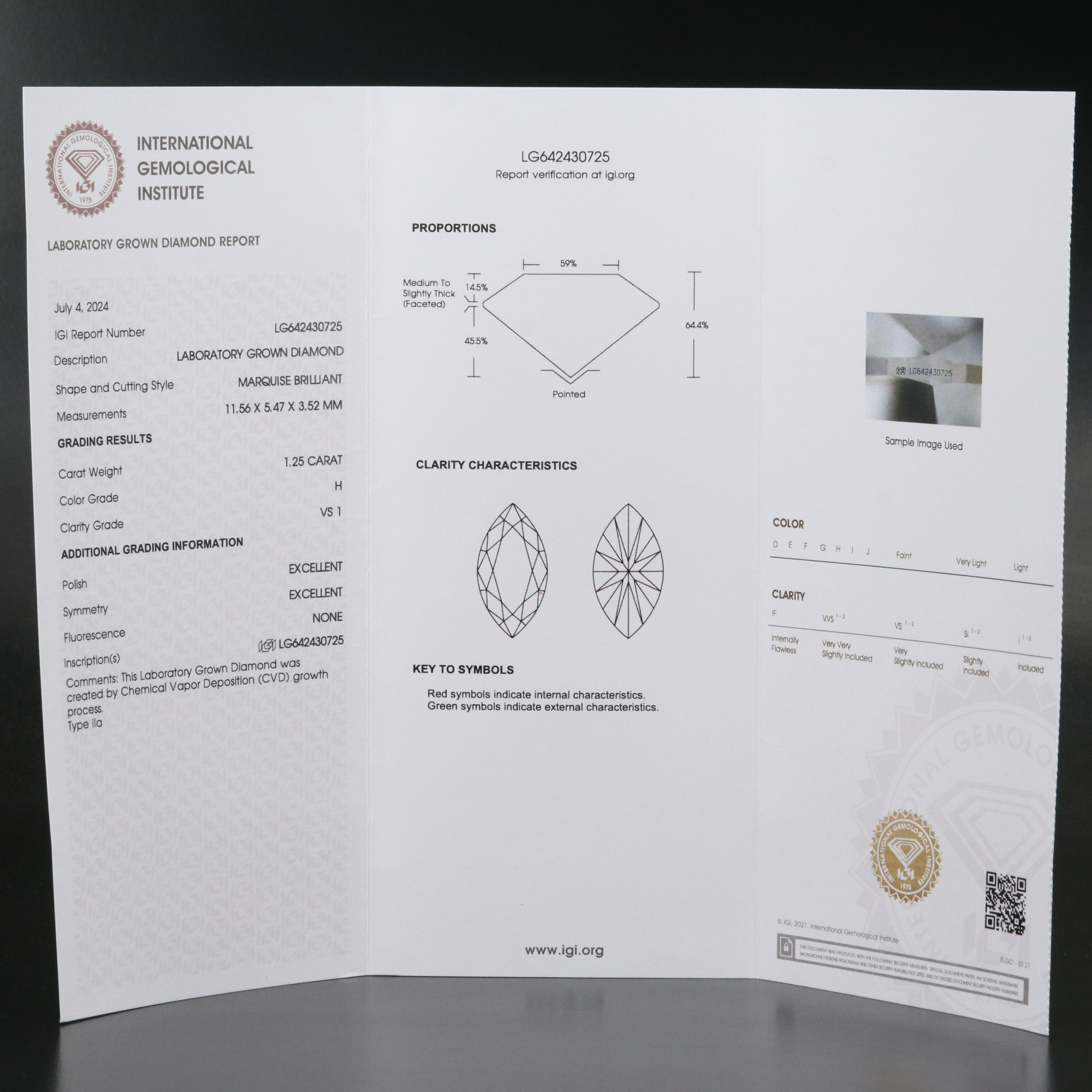 Loose 1.25 CT Lab Grown Diamond with IGI Report