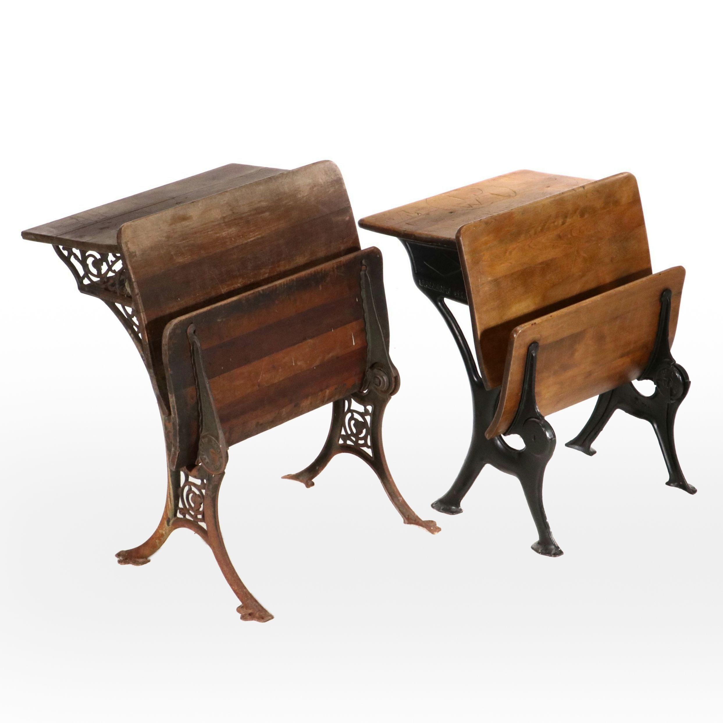 Two Metal and Wood Student Desks with Folding Seats, Late 19th Century