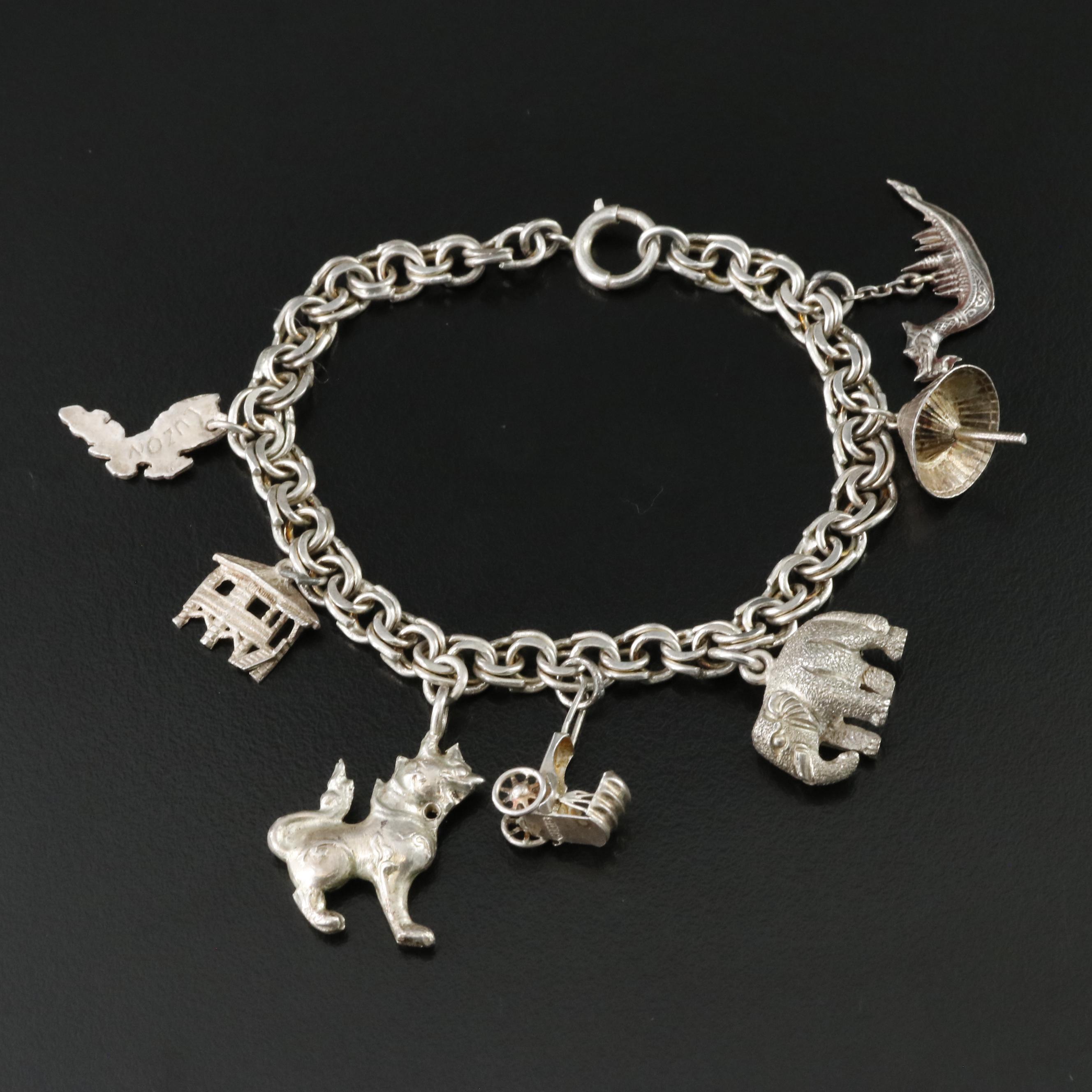 Vintage Sterling Charm Bracelet Featuring Thai Sailing Boat