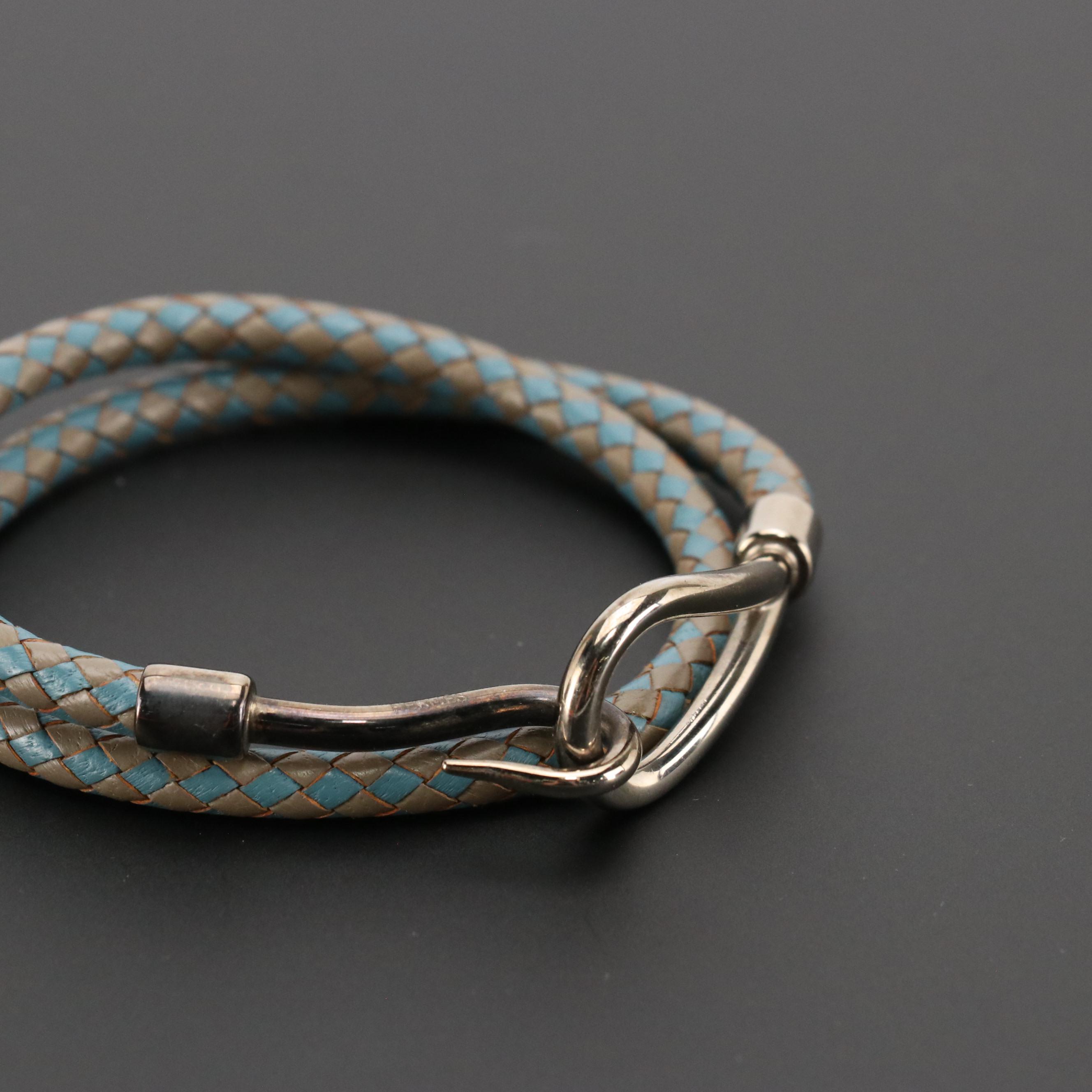 Hermès Double Tour Jumbo Hook Wrap Bracelet in Blue/Grey Leather, With Box