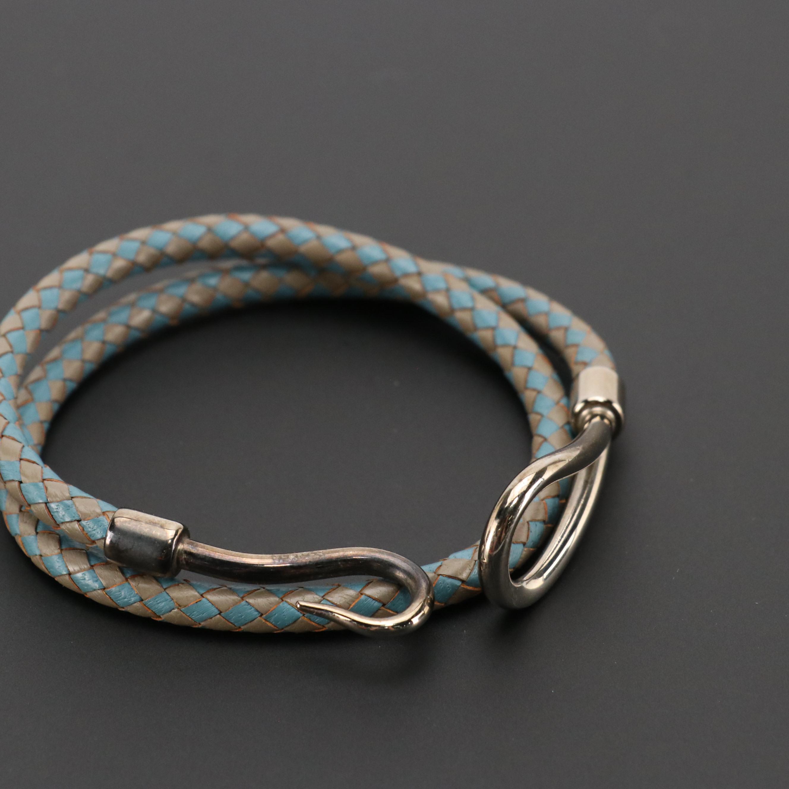 Hermès Double Tour Jumbo Hook Wrap Bracelet in Blue/Grey Leather, With Box