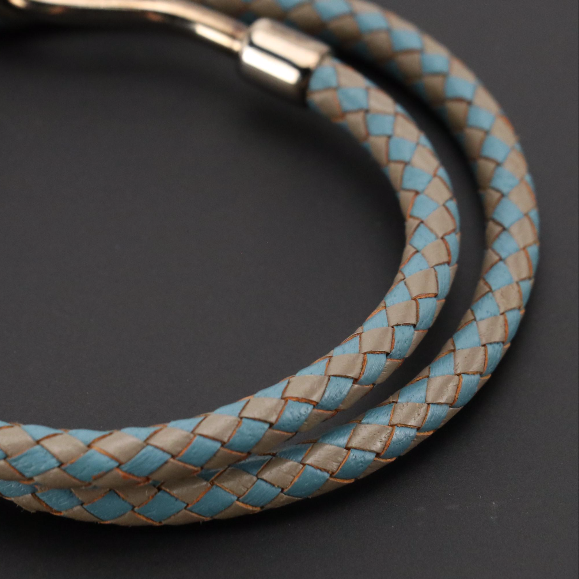 Hermès Double Tour Jumbo Hook Wrap Bracelet in Blue/Grey Leather, With Box
