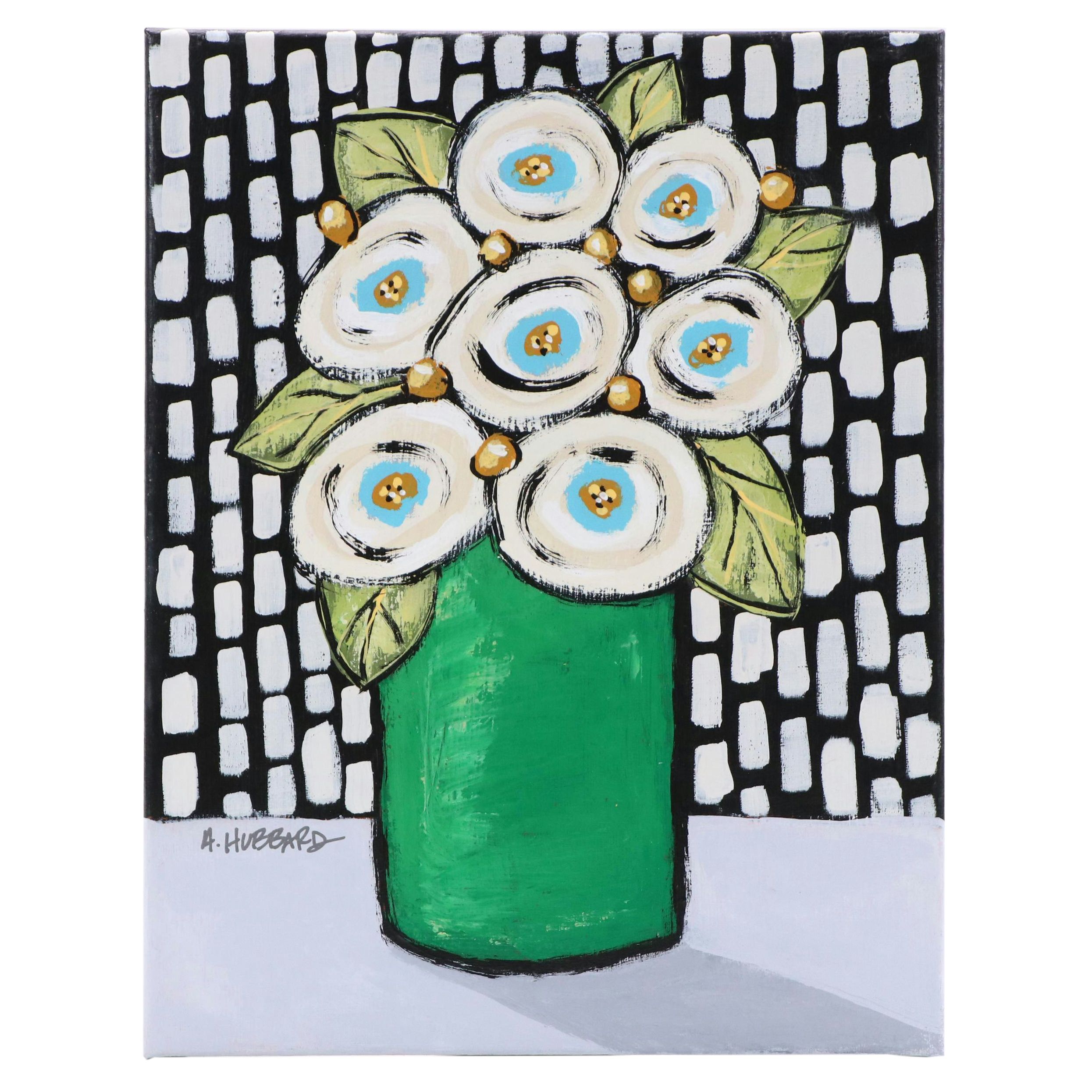 Angie Hubbard Stylized Floral Still Life Acrylic Painting, 21st Century