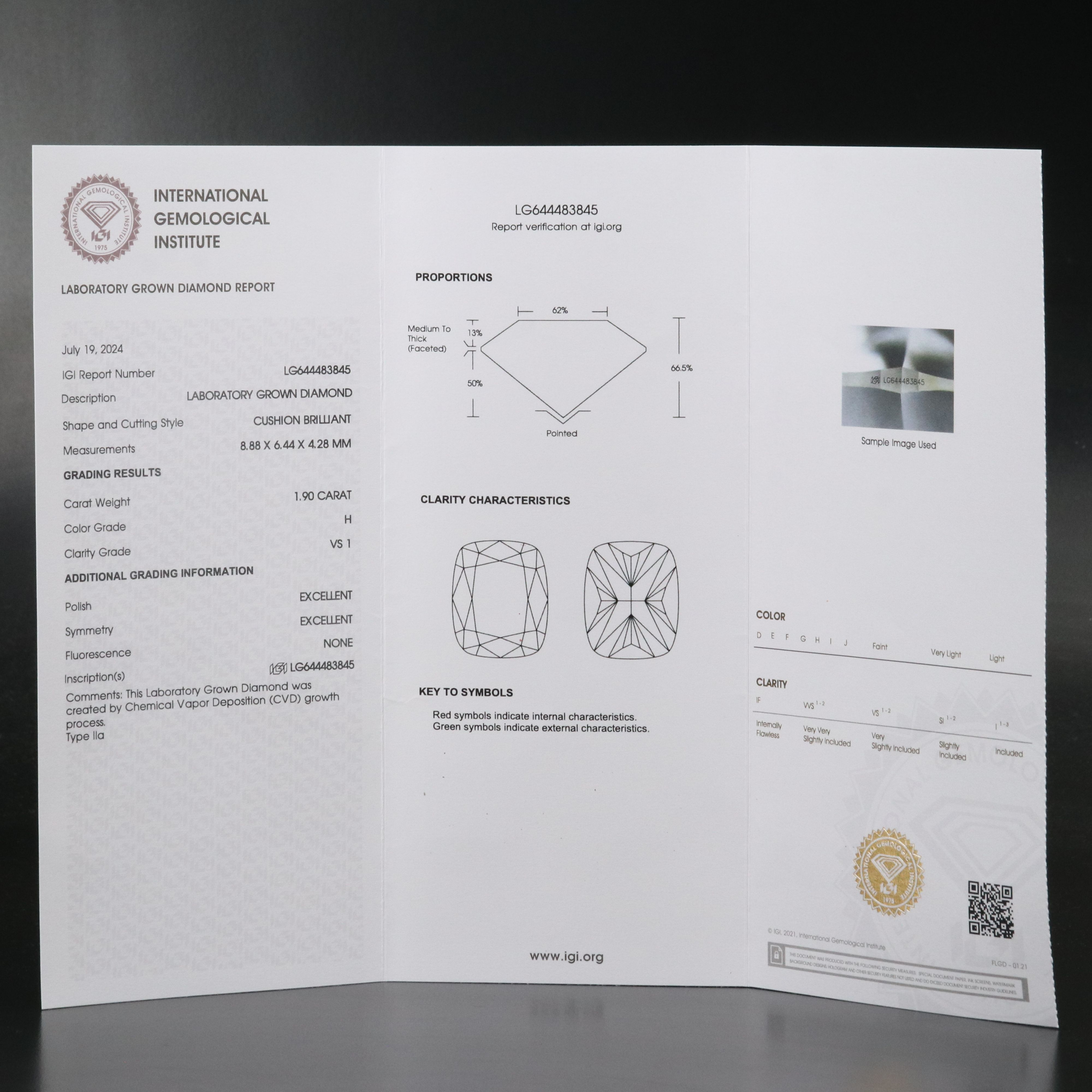 Loose 1.90 CT Lab Grown Diamond with IGI Report