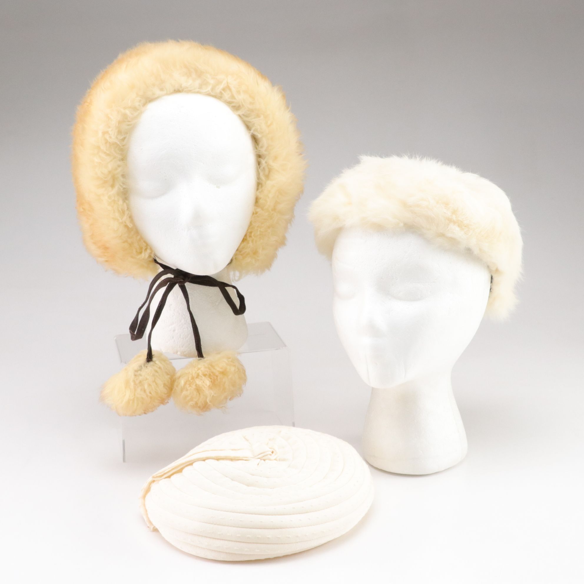 Dyed Tuscan Lamb Fur Hat with Pom Poms, Faux Fur Cloche and Ivory Beret