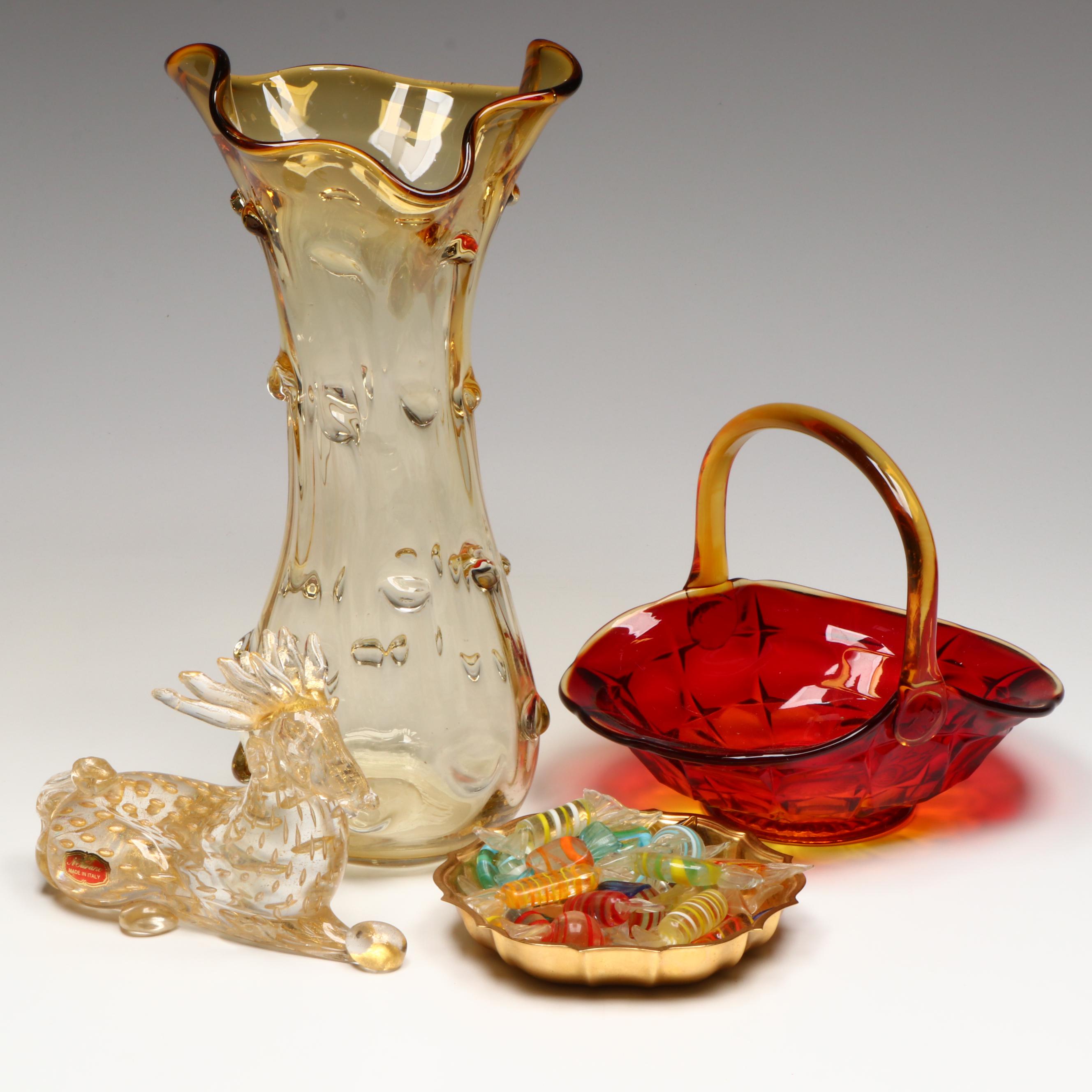 Tiara Glass Basket Vase, Italian Gilt Stag and Other Art Glass