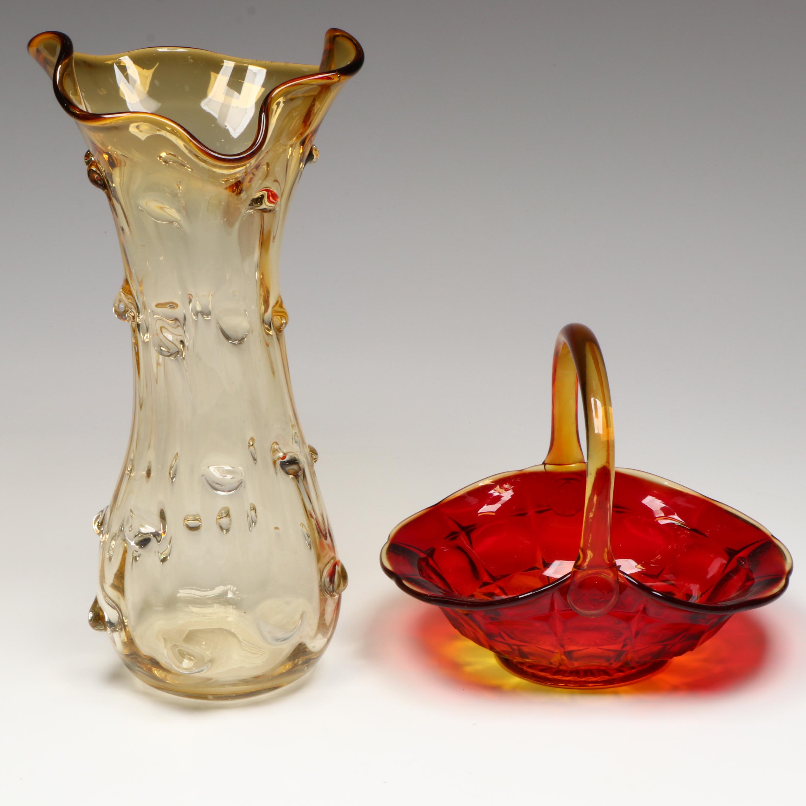 Tiara Glass Basket Vase, Italian Gilt Stag and Other Art Glass