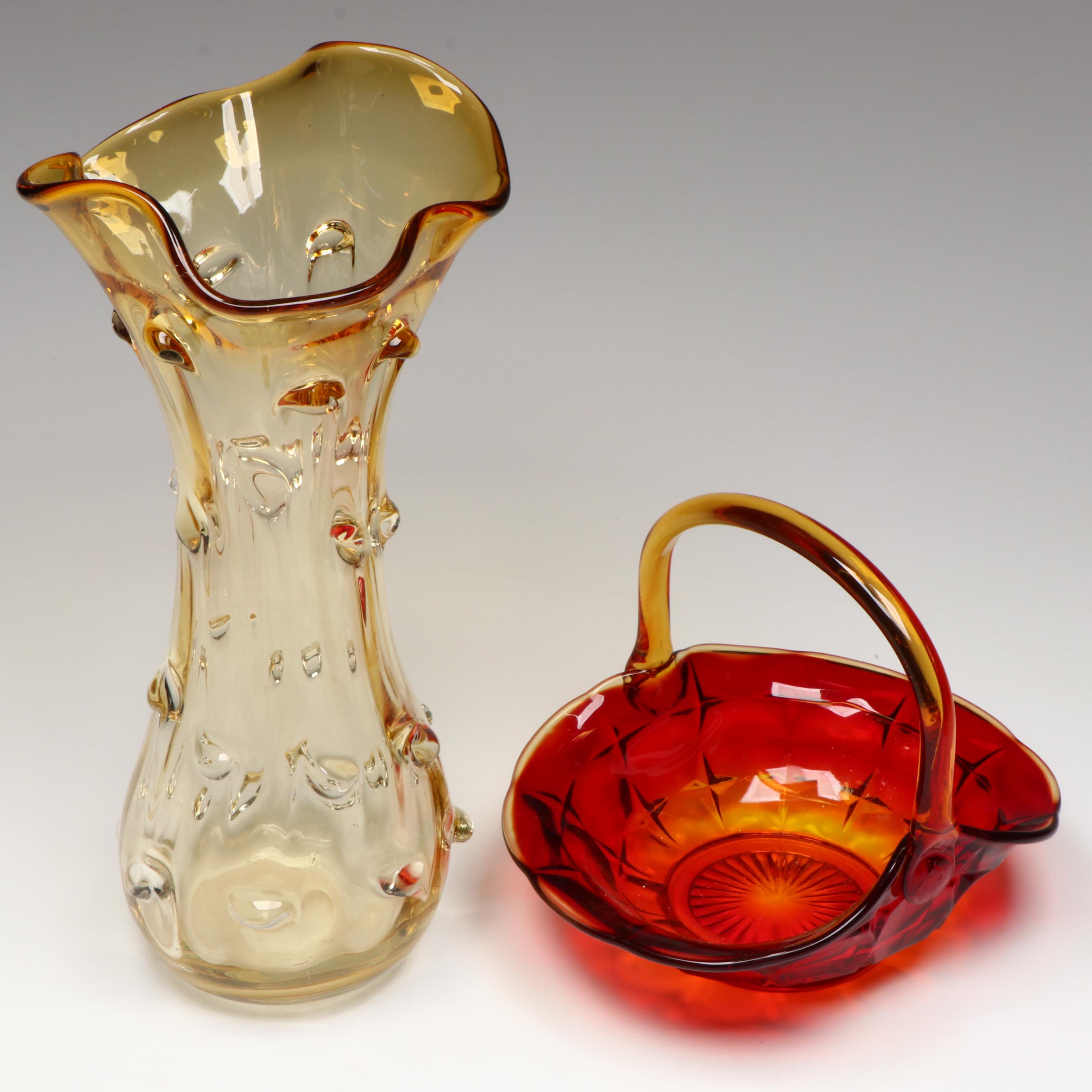 Tiara Glass Basket Vase, Italian Gilt Stag and Other Art Glass